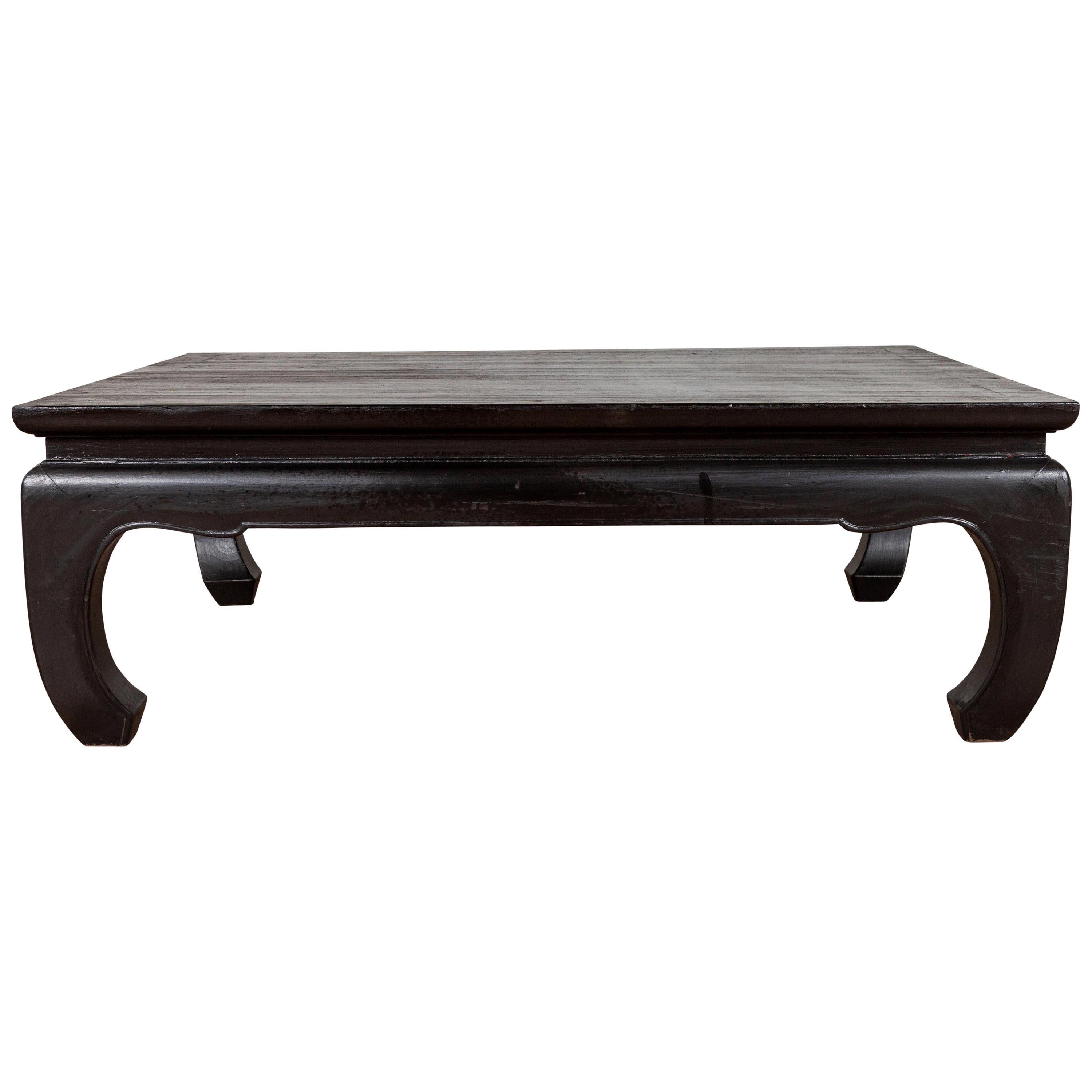 Thai Teak Vintage Coffee Table with Black Lacquer and Chow Legs and Horsehoof