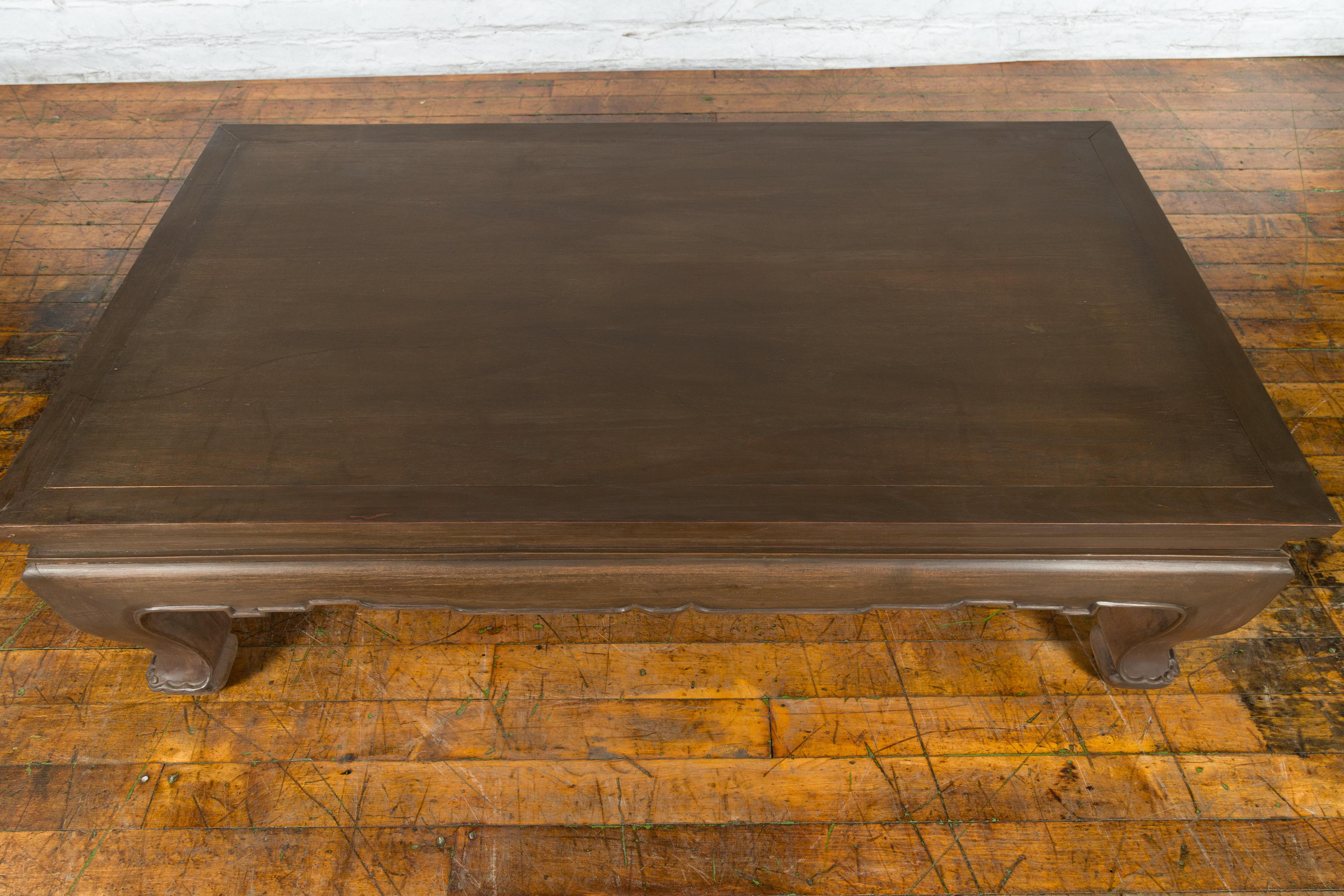 Thai Teak Wood Vintage Coffee Table with Carved Apron and Dark Brown Patina For Sale 2