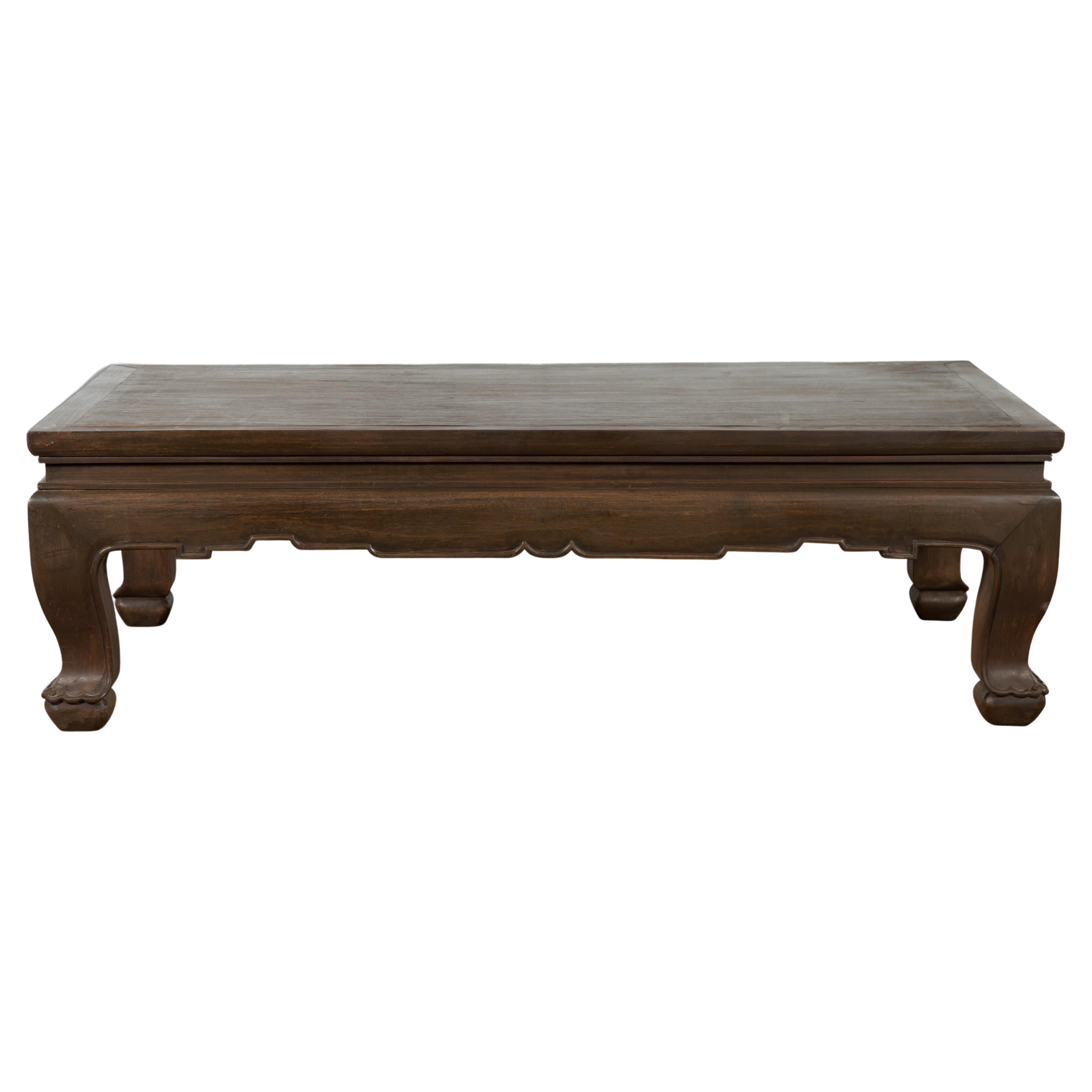 Thai Teak Wood Vintage Coffee Table with Carved Apron and Dark Brown Patina For Sale