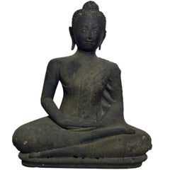 Thai Turn of the Century Bronze Seated Buddha Sculpture with Dark Patina