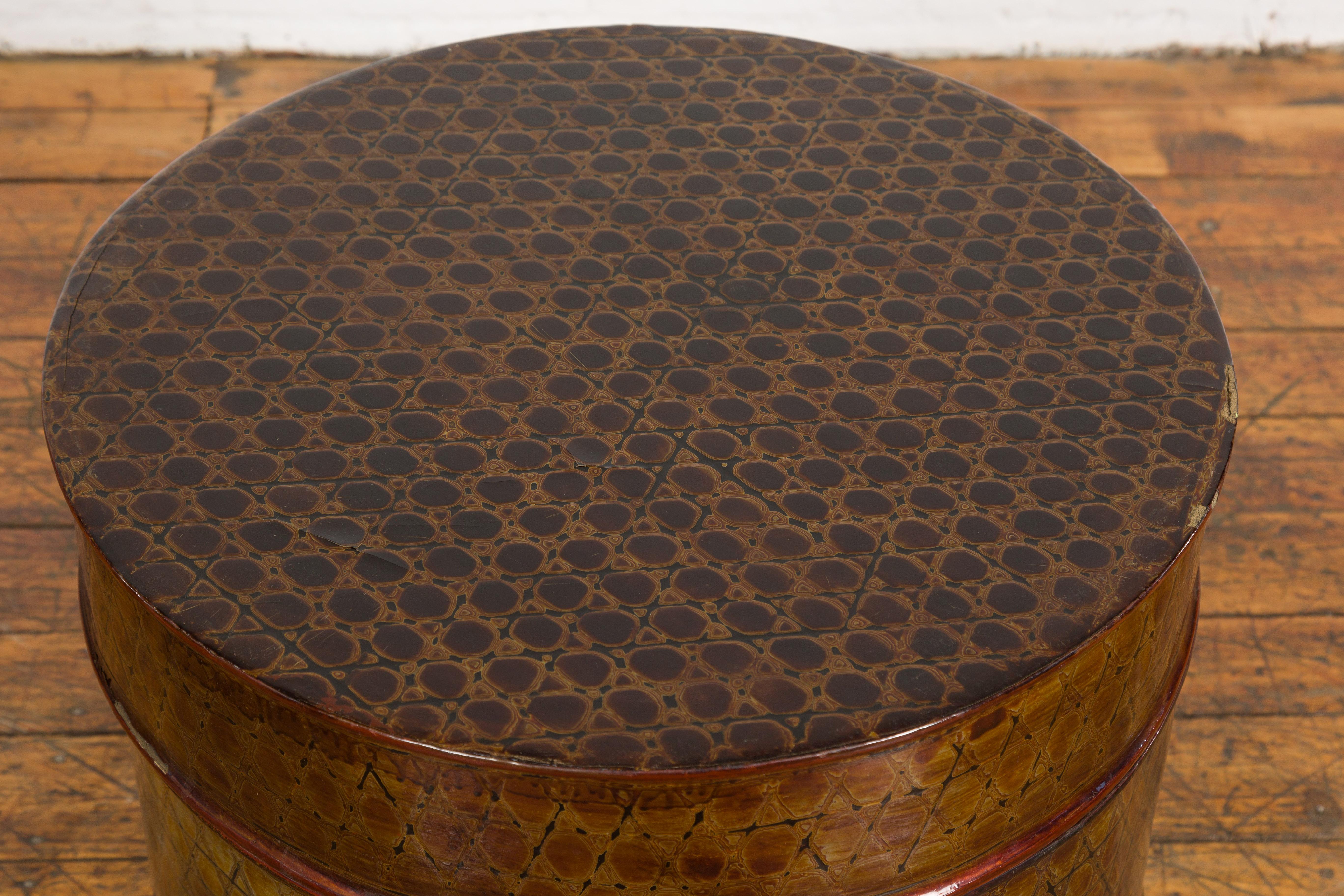 Wood Thai Vintage Negora Lacquer Circular Storage Bin with Snake Skin Patterns For Sale