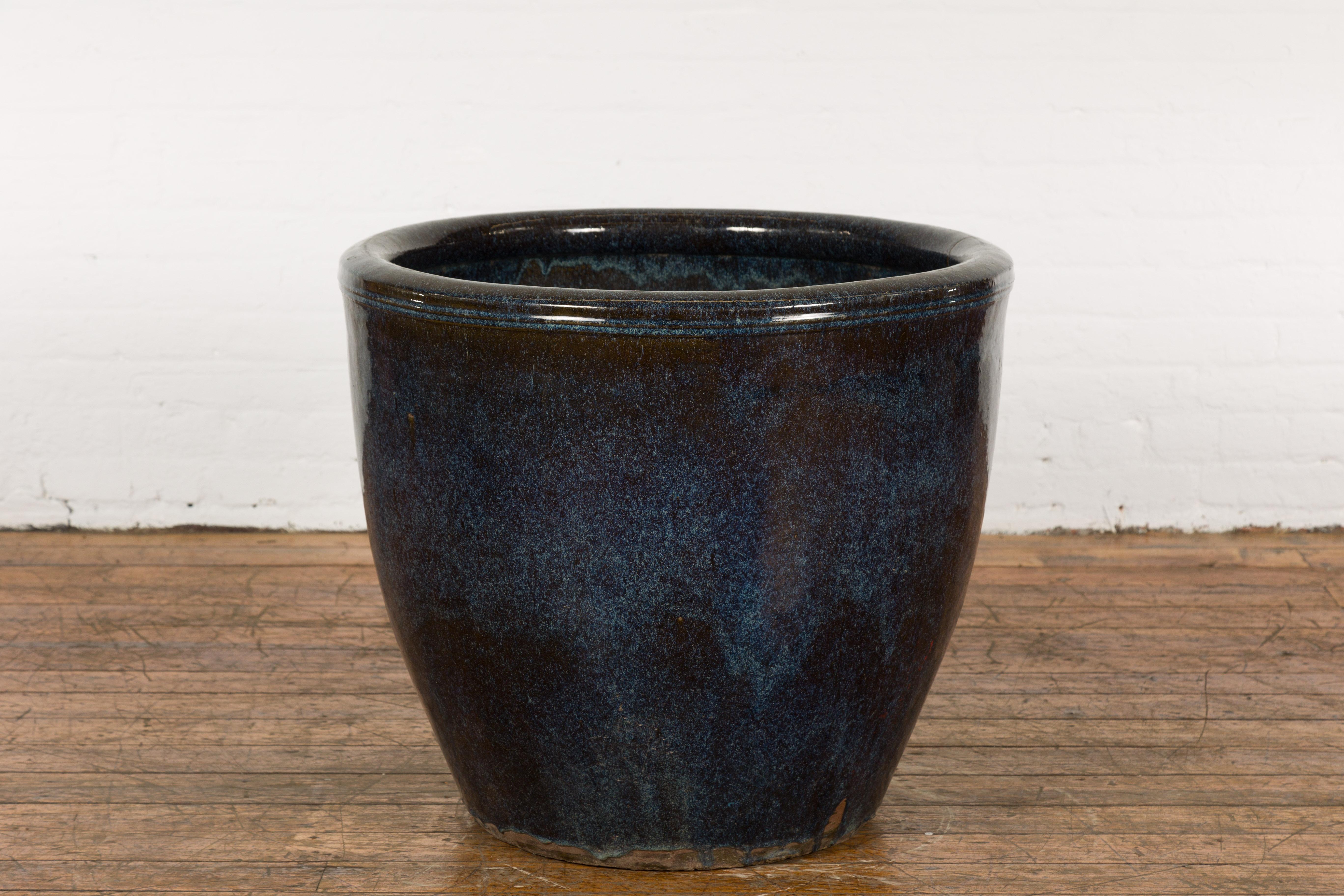 Mid-Century Modern Jardinière thaïlandaise surdimensionnée Namako émaillée de style Shigaraki avec effets de vagues en vente