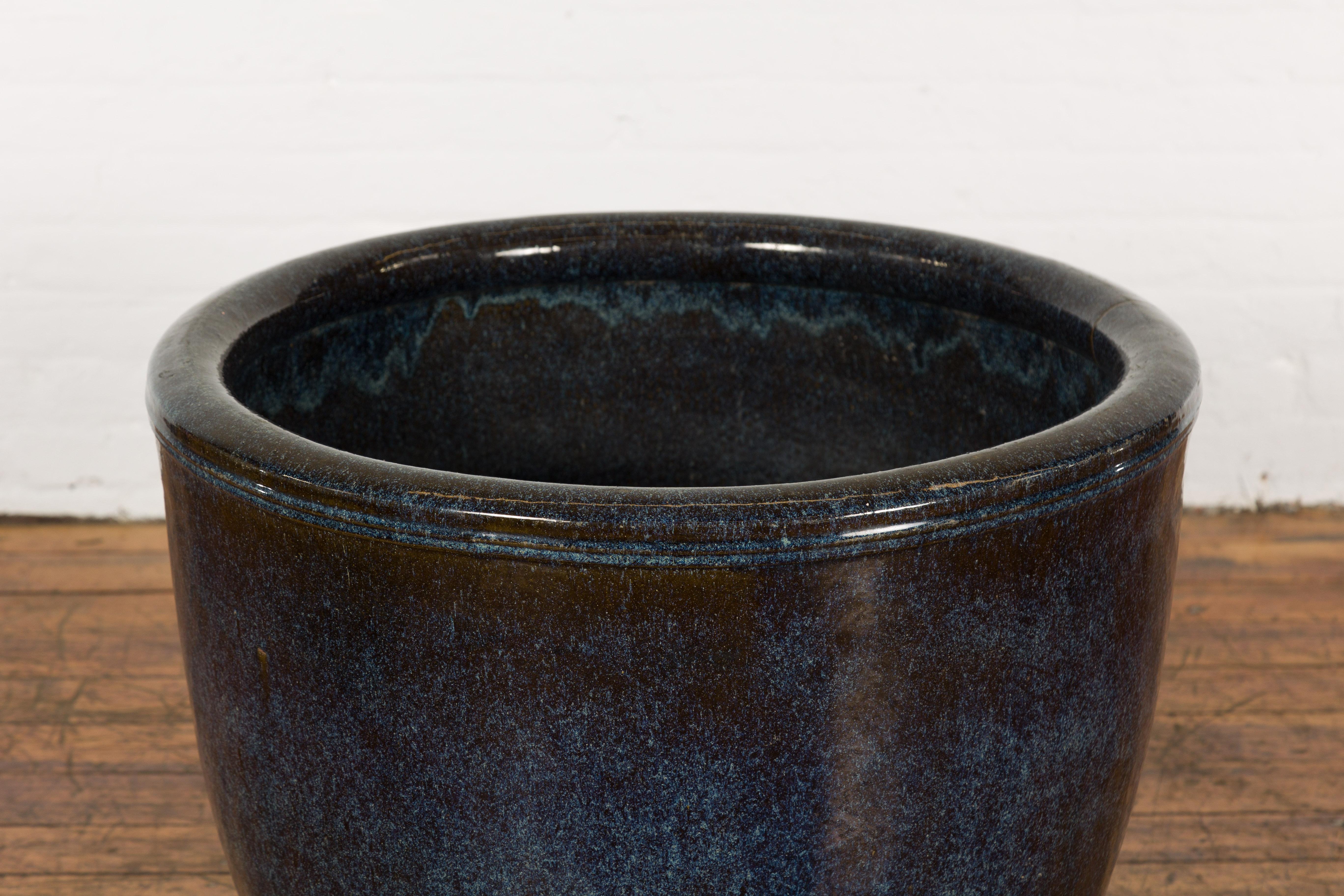 Vernissé Jardinière thaïlandaise surdimensionnée Namako émaillée de style Shigaraki avec effets de vagues en vente