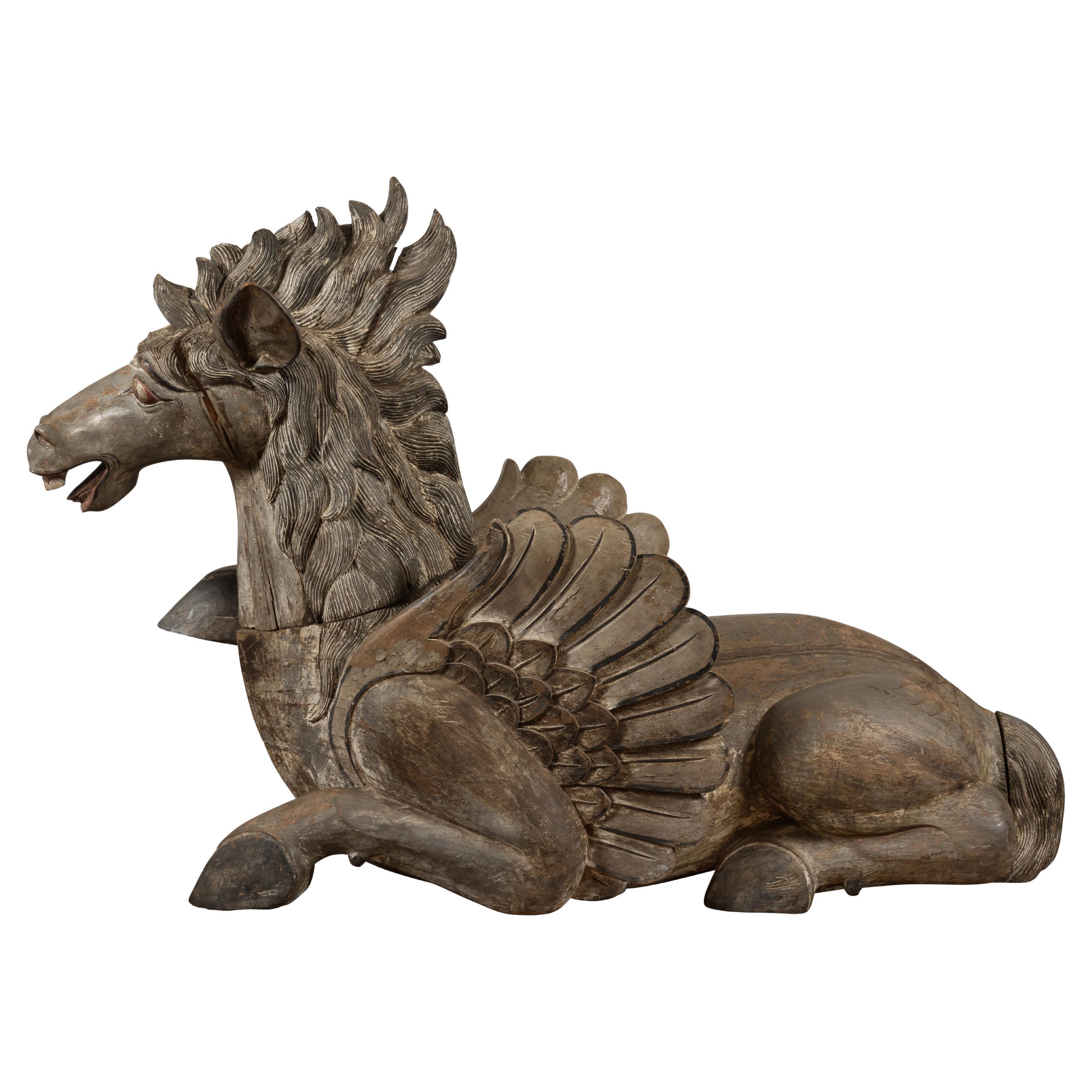 Thai Vintage Painted and Carved Winged Wooden Horse with Striking Expression For Sale