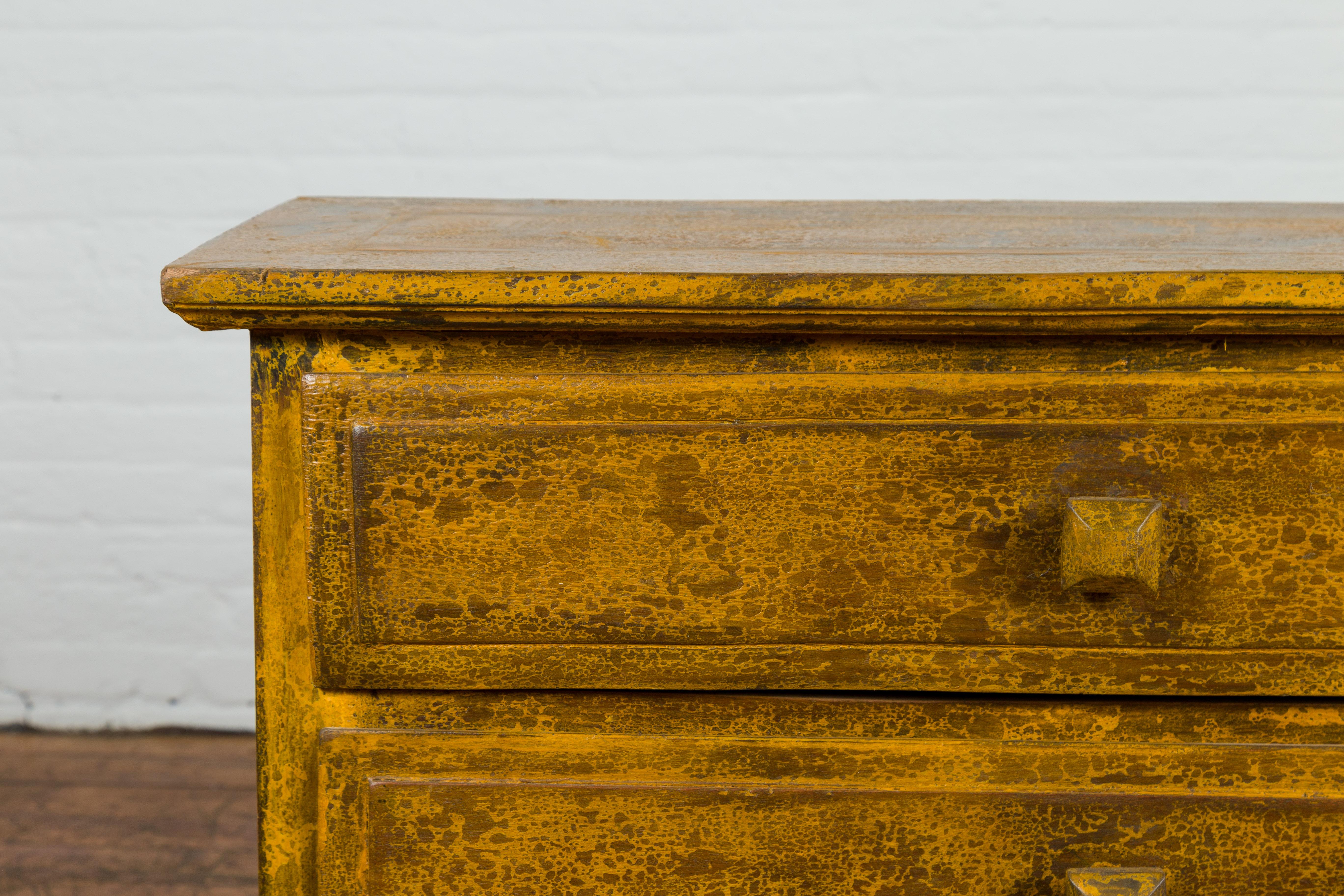 Mustard Glazed Vintage Thai Side Chest with Three Drawers In Good Condition For Sale In Yonkers, NY