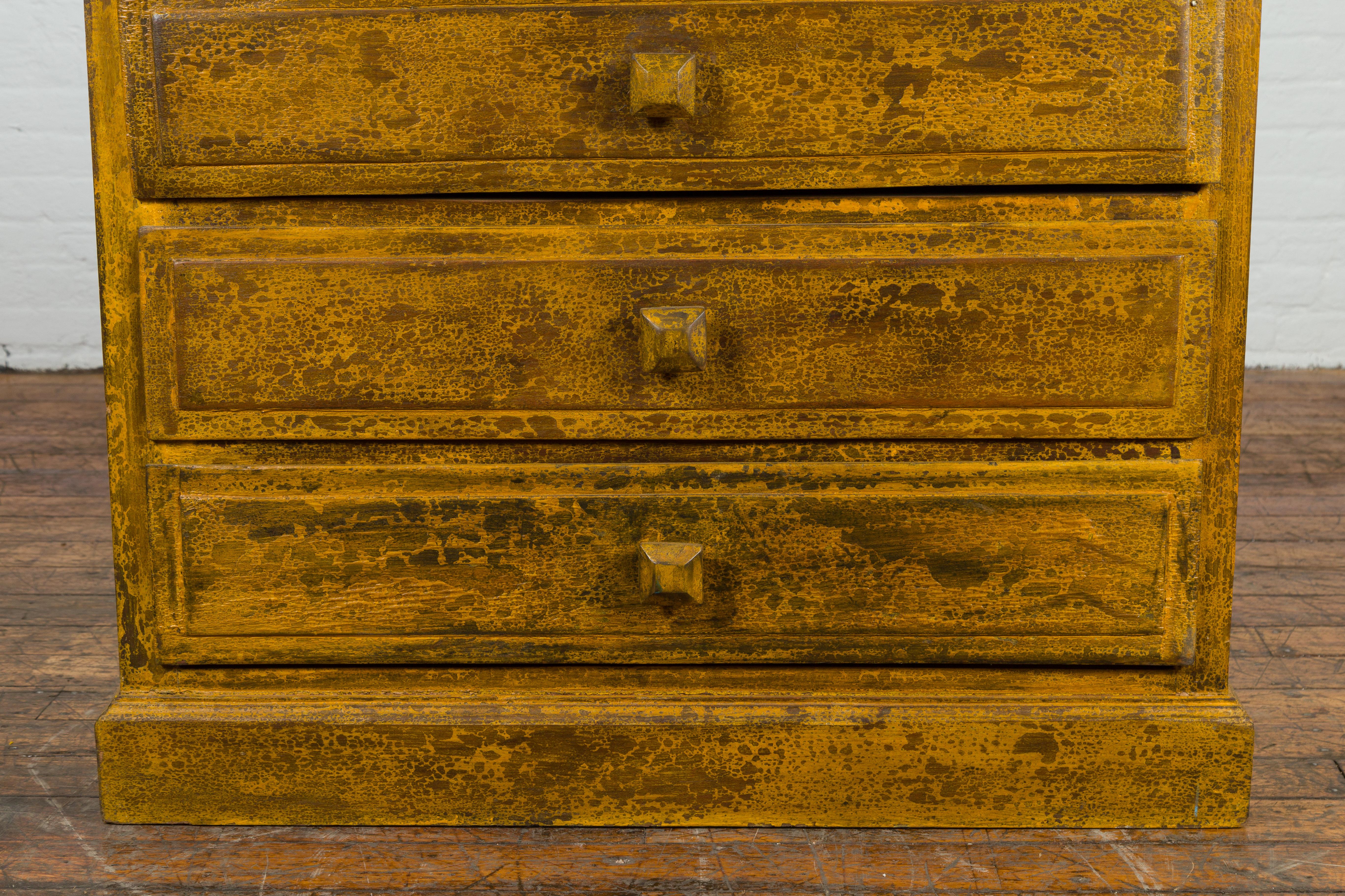 Wood Mustard Glazed Vintage Thai Side Chest with Three Drawers For Sale