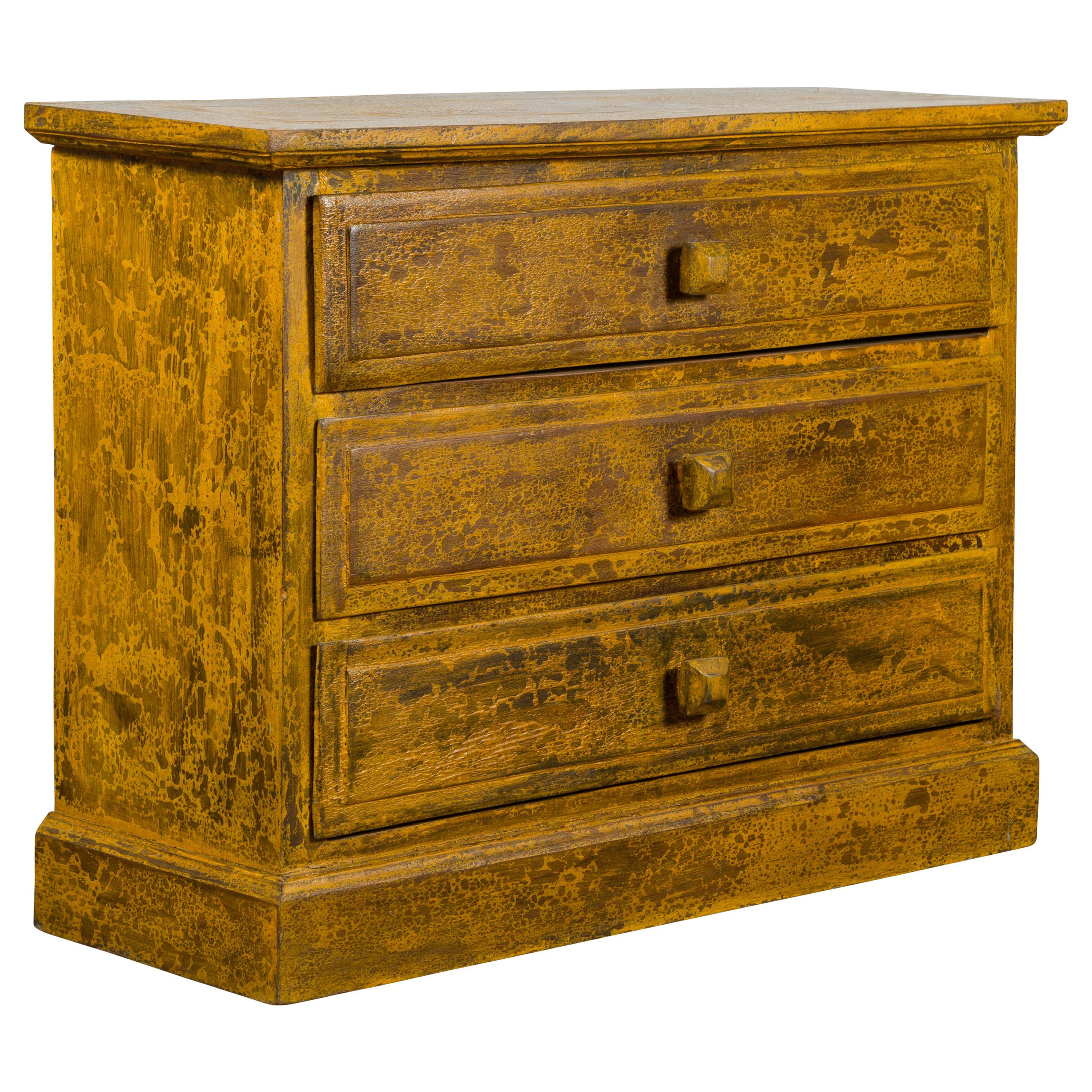 Mustard Glazed Vintage Thai Side Chest with Three Drawers For Sale