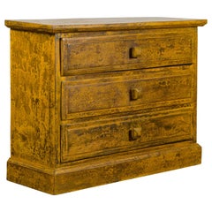 Thai Vintage Side Chest with Distressed Mustard Glaze and Three Drawers