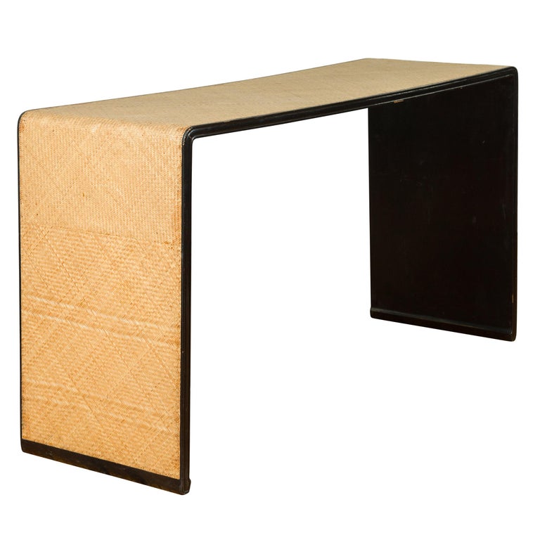 Thai Vintage Waterfall Console Table With Black Lacquer Frame And Rattan Inset For Sale At 1stdibs