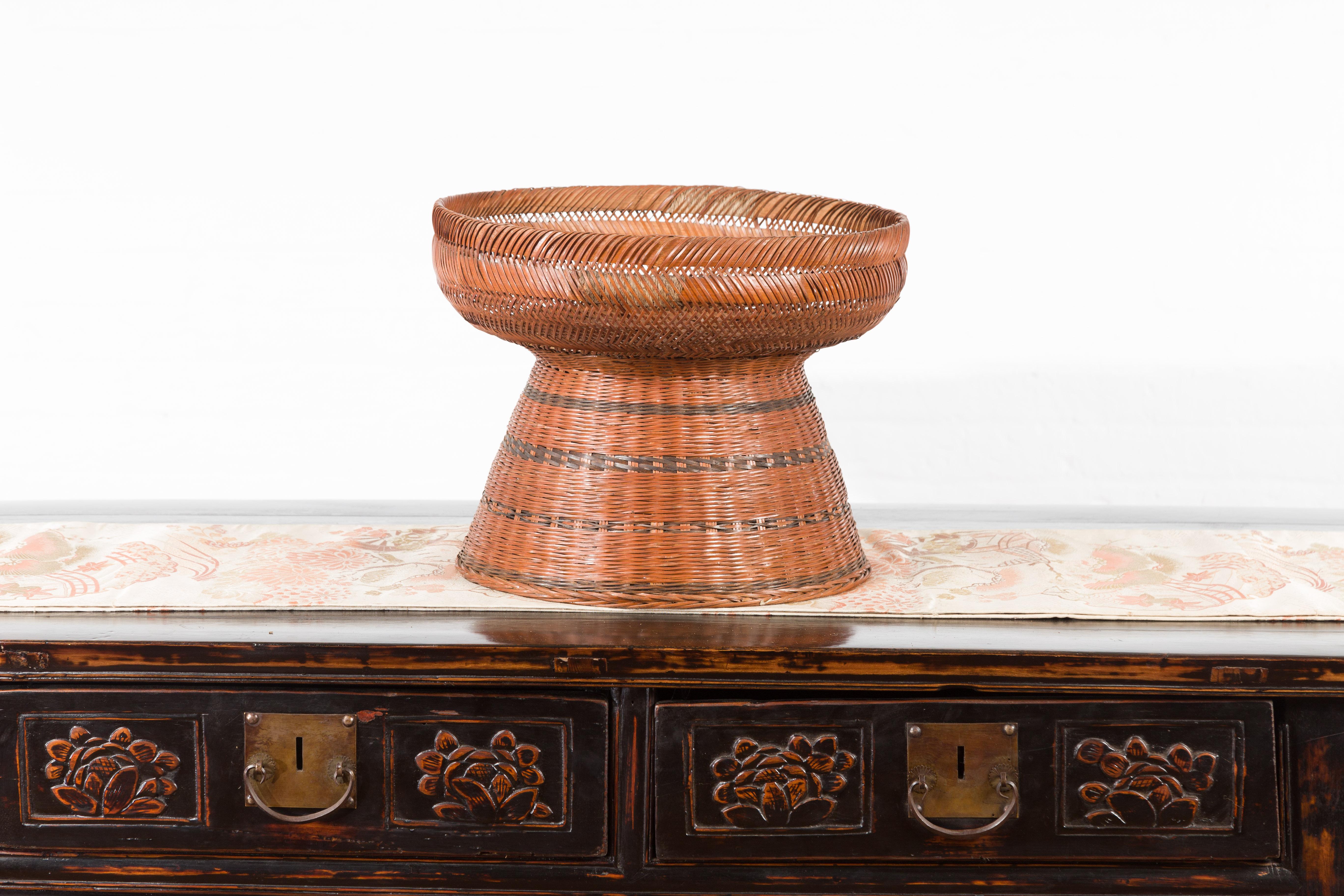 20th Century Thai Vintage Woven Rattan Fruit Market Basket with Pedestal Tapering Base For Sale