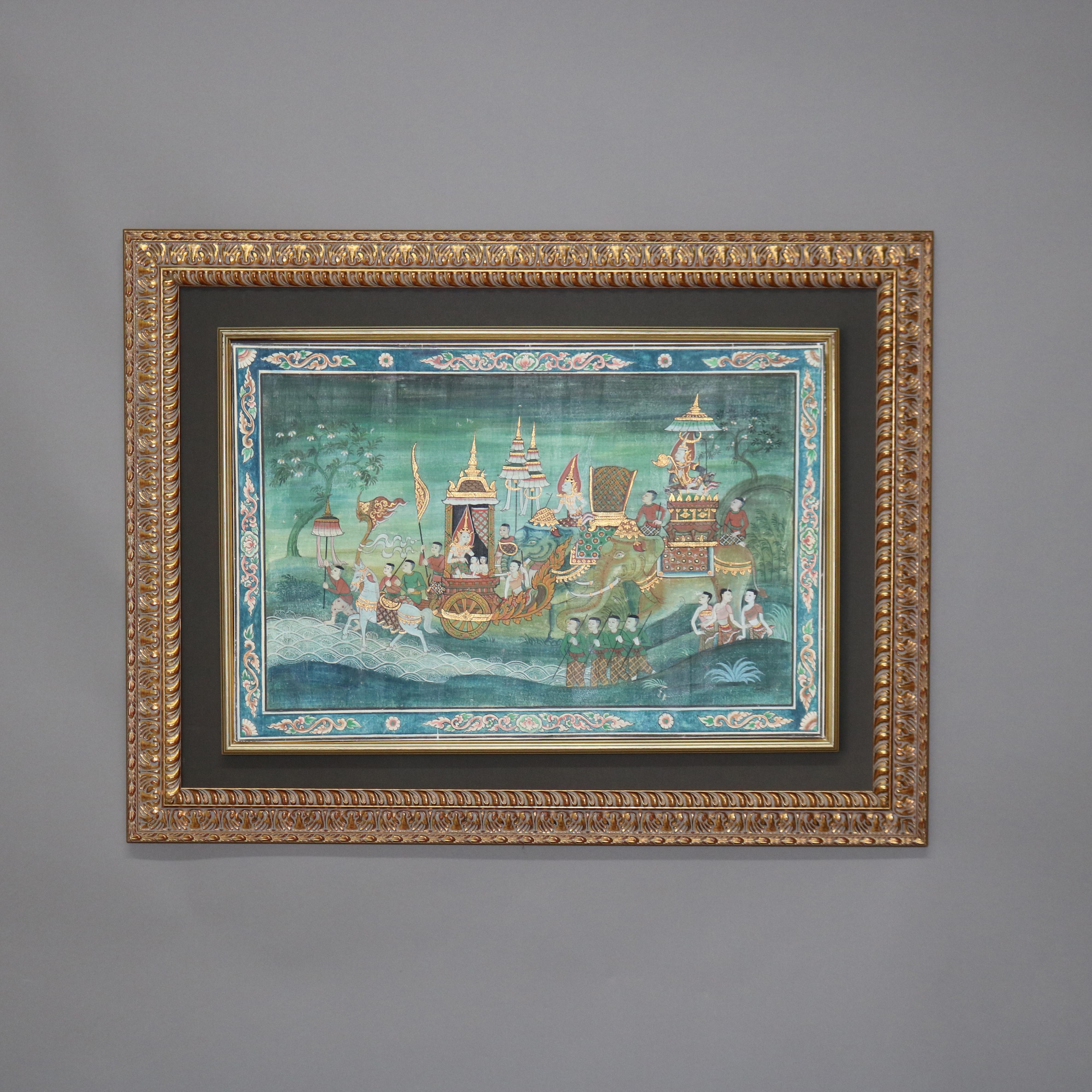 Acuarela tailandesa sobre papel Escena de género con figuras, elefante y caballos Siglo XX en venta 6