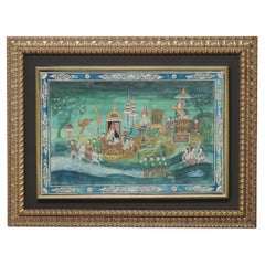 Thai Watercolor on Paper Genre Scene with Figures, Elephant & Horses 20thC