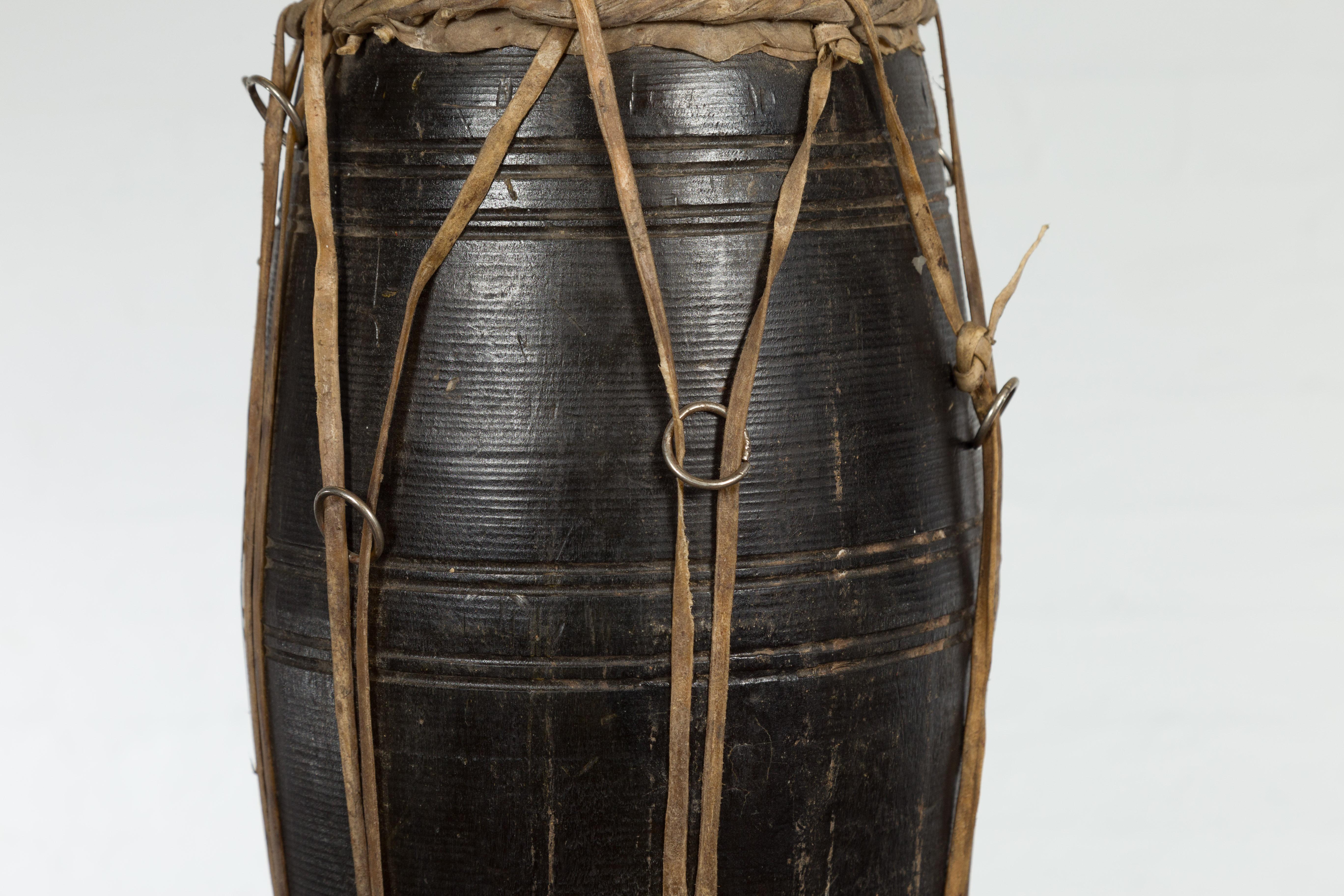 Thai Wood and Leather Klong Khaek Processional Drum with Distressed Appearance For Sale 3