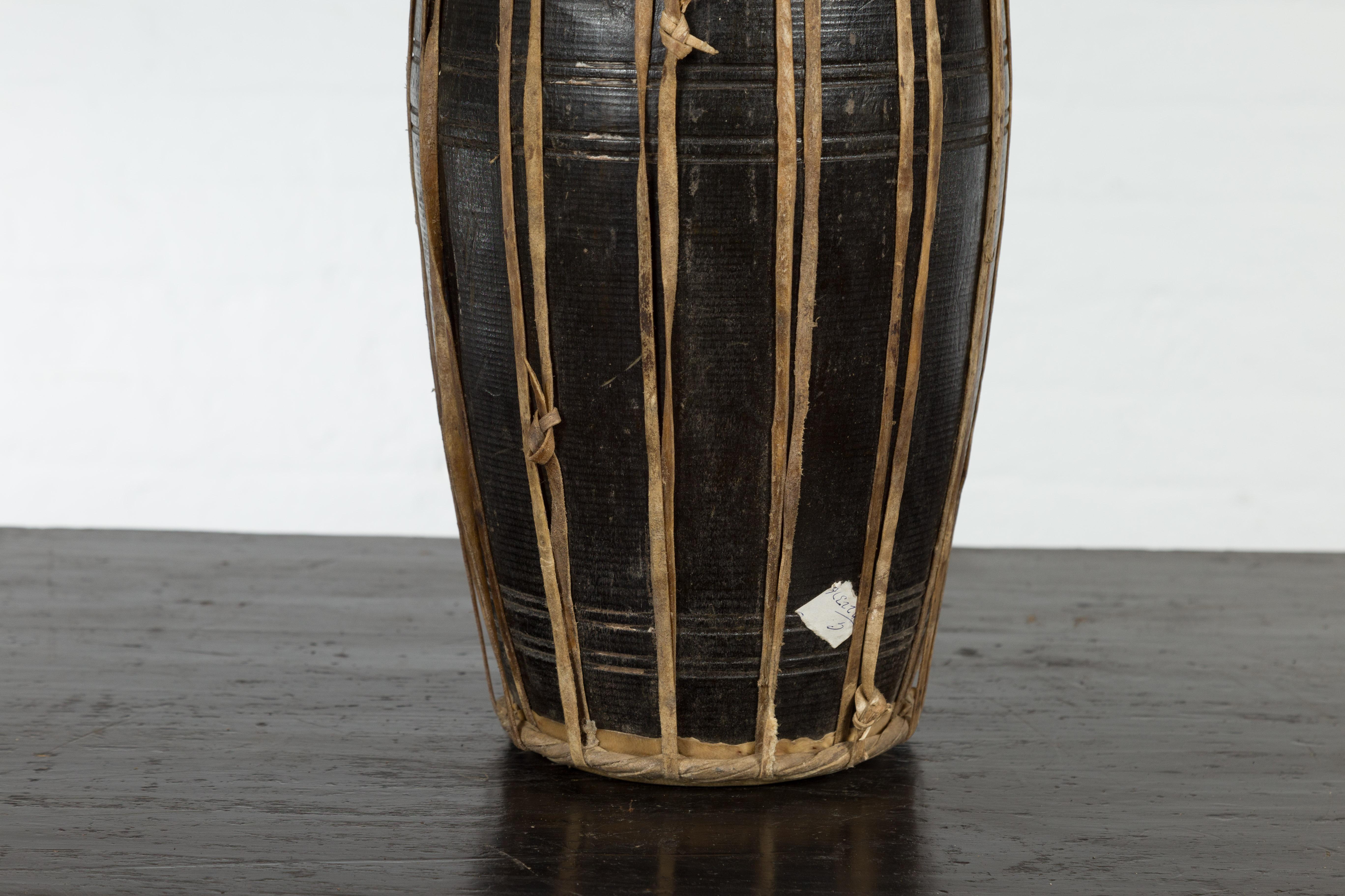 Thai Wood and Leather Klong Khaek Processional Drum with Distressed Appearance For Sale 7