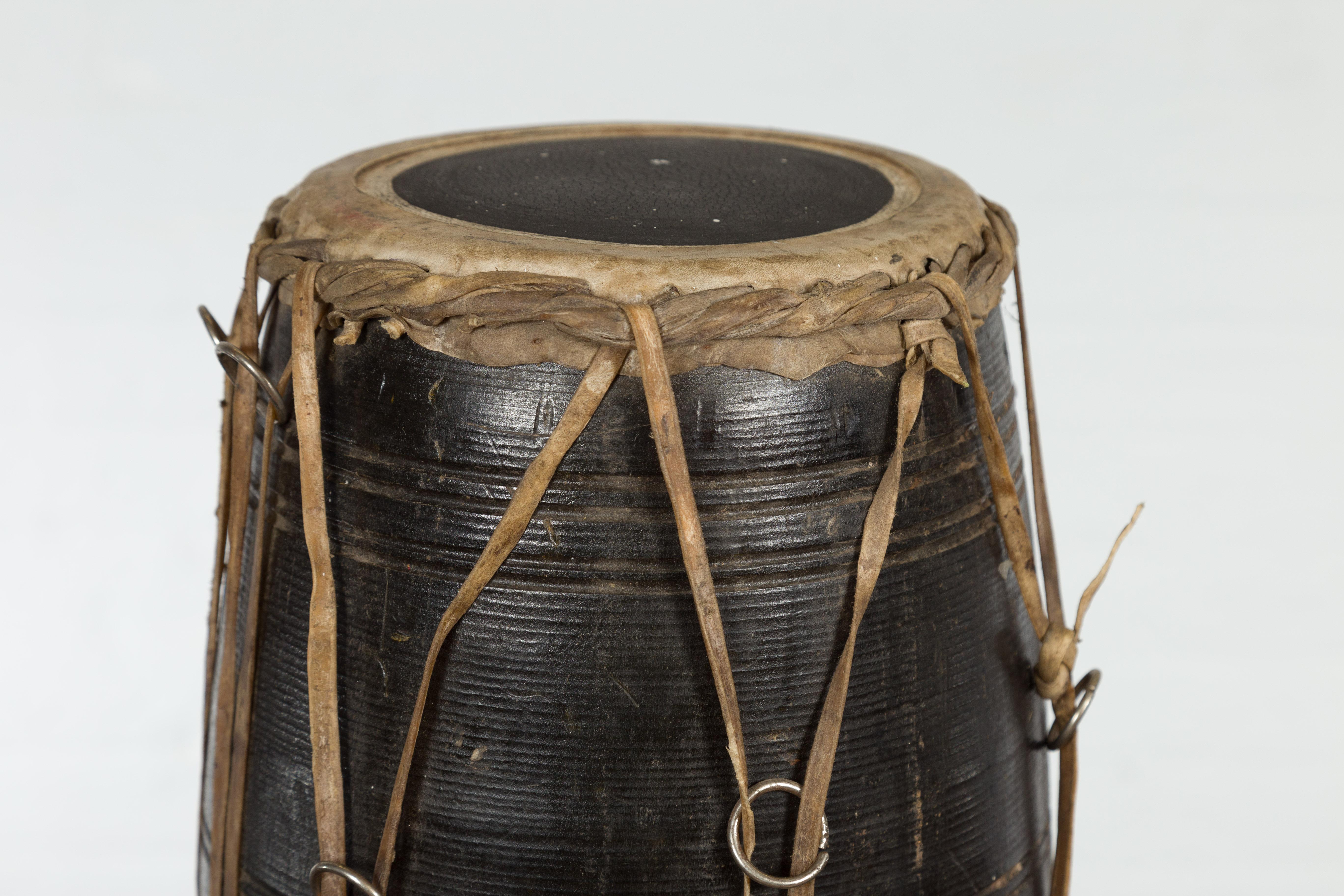 Rustic Thai Wood and Leather Klong Khaek Processional Drum with Distressed Appearance For Sale