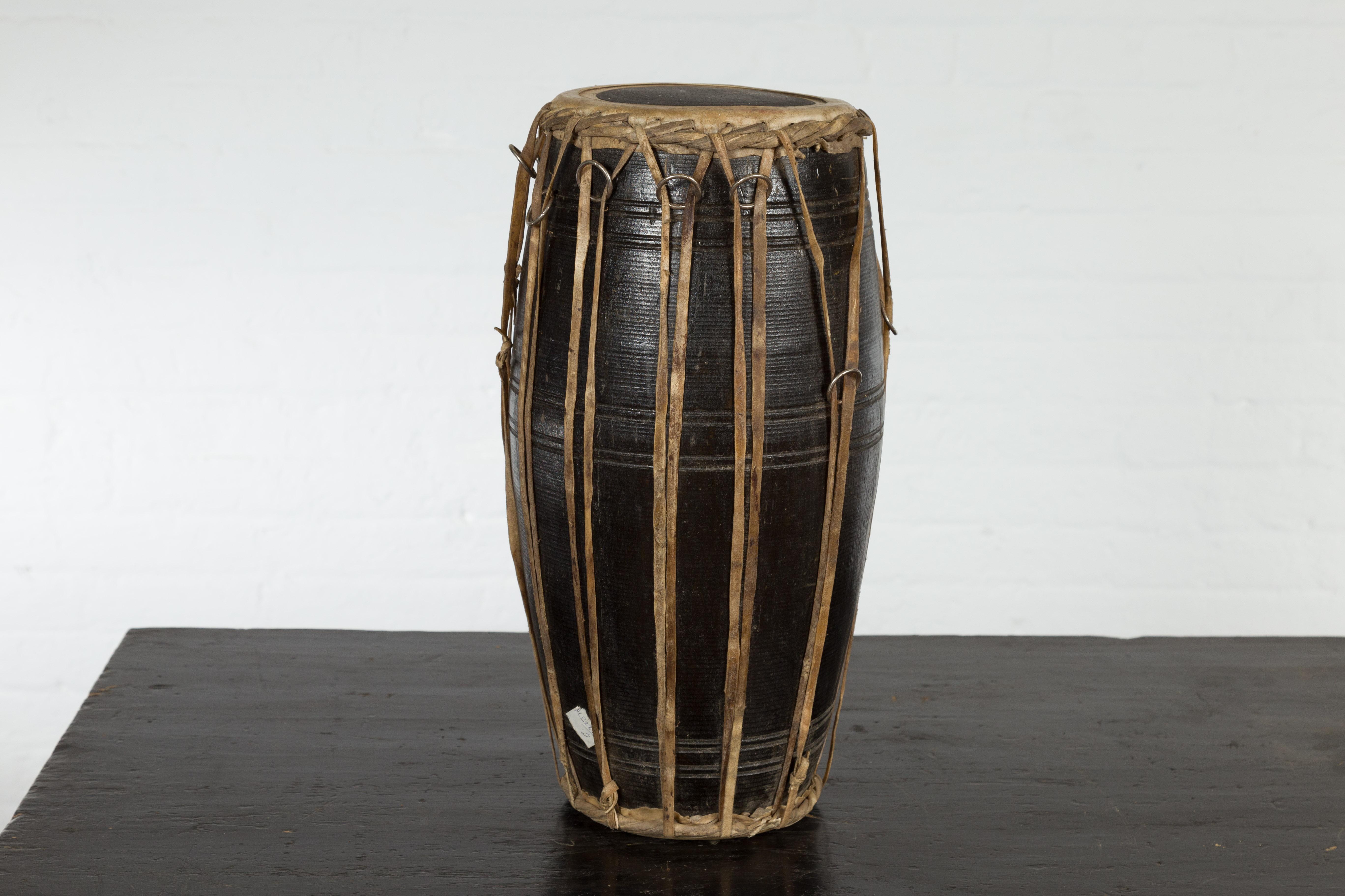 Thai Wood and Leather Klong Khaek Processional Drum with Distressed Appearance In Good Condition For Sale In Yonkers, NY