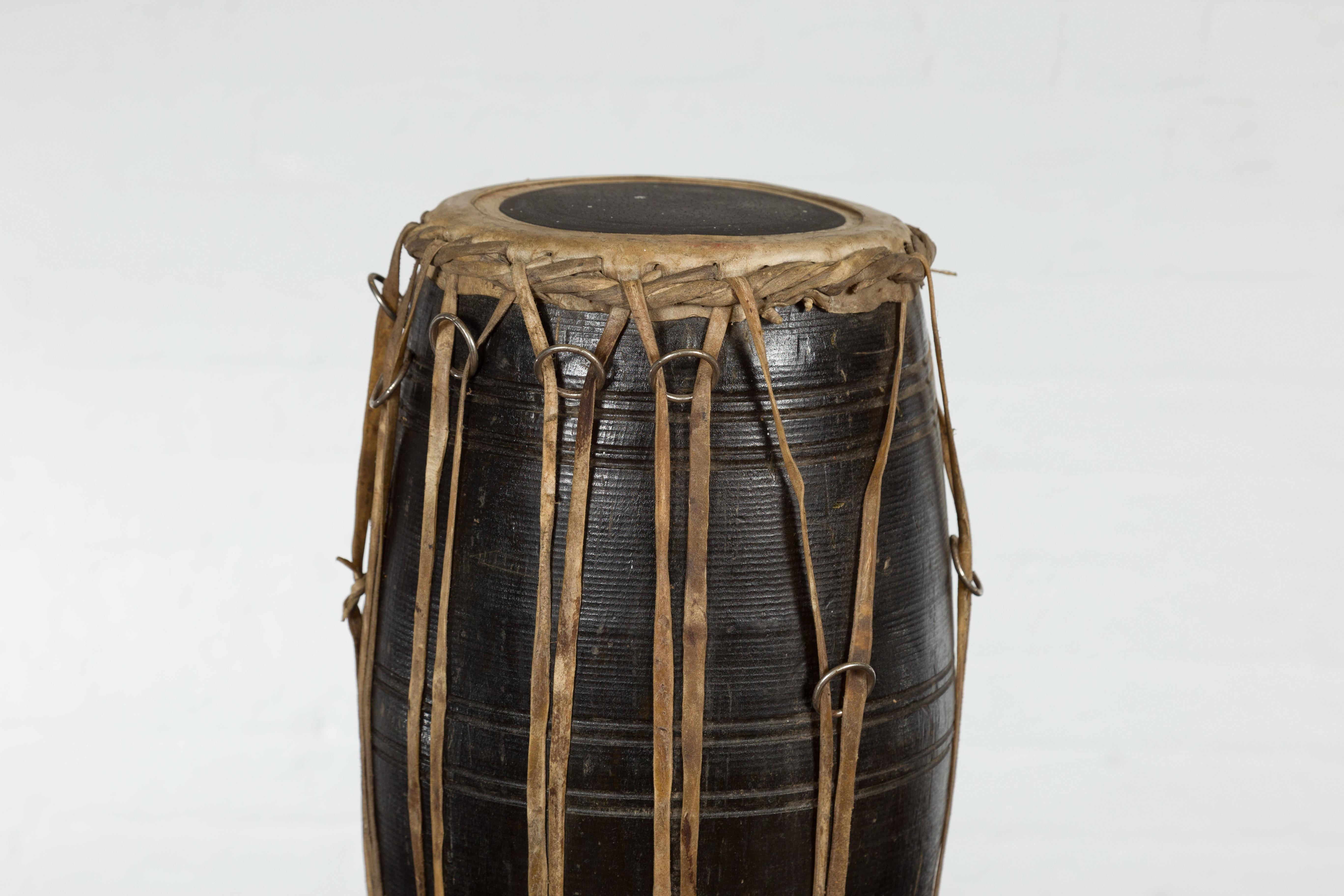20th Century Thai Wood and Leather Klong Khaek Processional Drum with Distressed Appearance For Sale