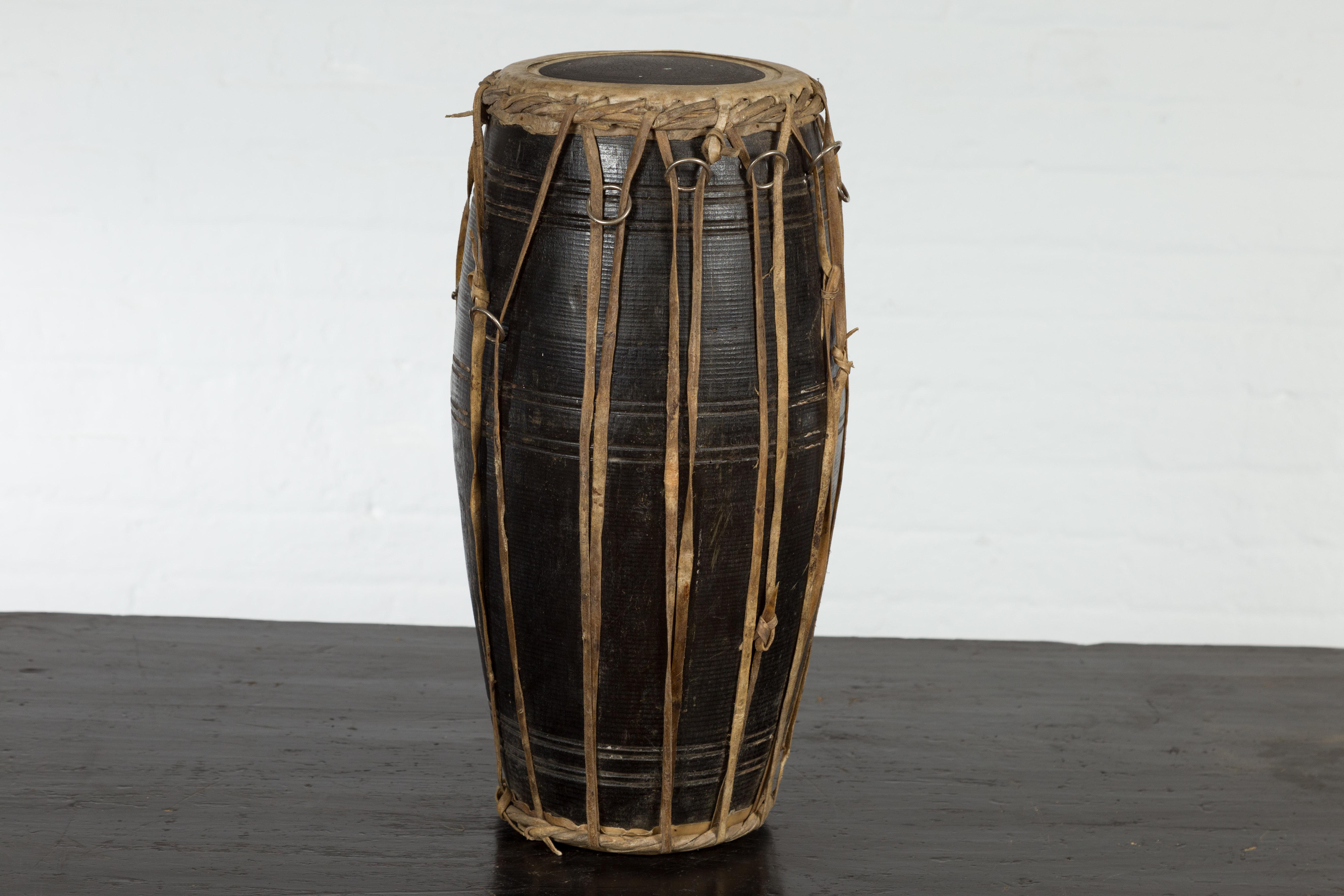 Thai Wood and Leather Klong Khaek Processional Drum with Distressed Appearance For Sale 1