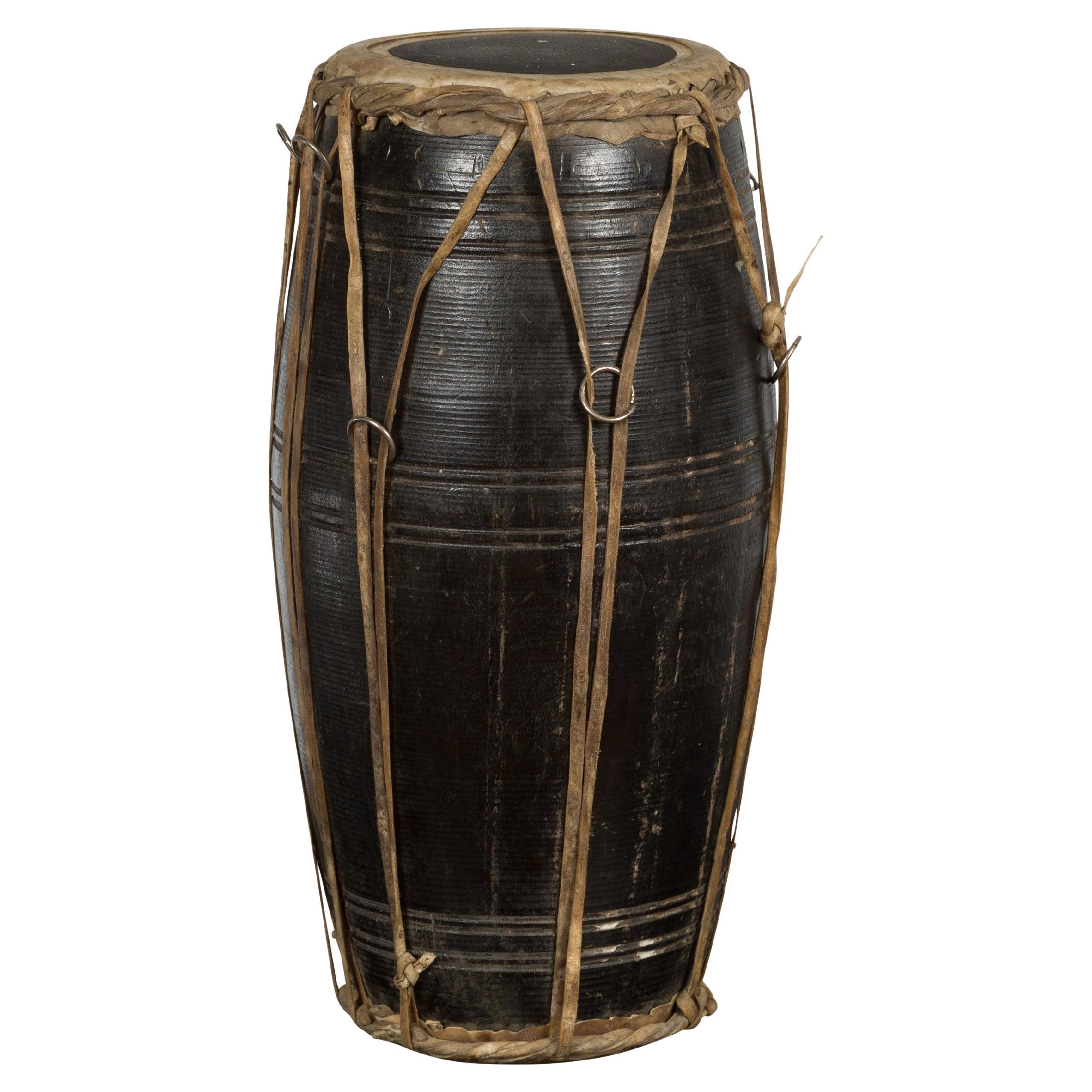 Thai Wood and Leather Klong Khaek Processional Drum with Distressed Appearance For Sale