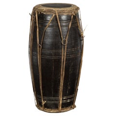 Vintage Thai Wood and Leather Klong Khaek Processional Drum with Distressed Appearance