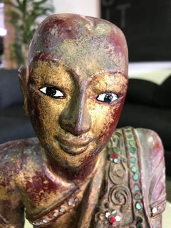 Thai Wood Carved, Polychrome and Gilt Sculpture of Buddhist Temple Monk