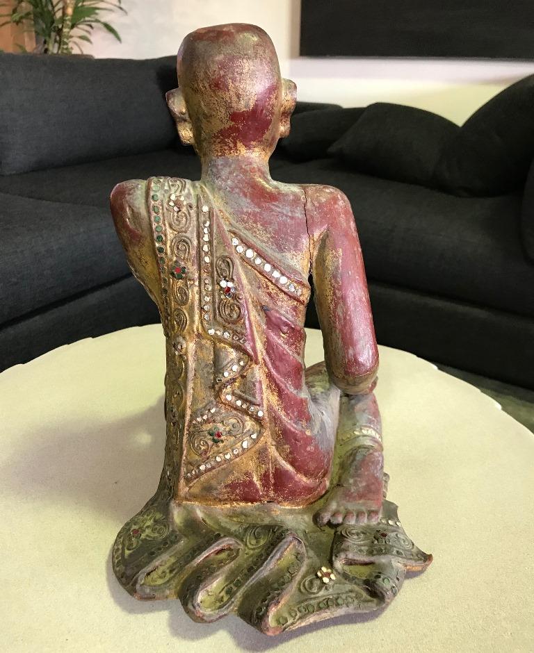 20th Century Thai Wood Carved, Polychrome and Gilt Sculpture of Buddhist Temple Monk