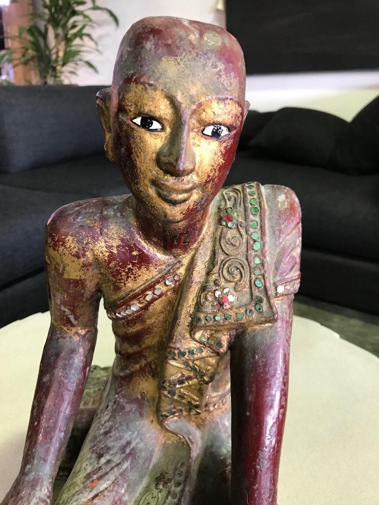 Thai Wood Carved, Polychrome and Gilt Sculpture of Buddhist Temple Monk 3