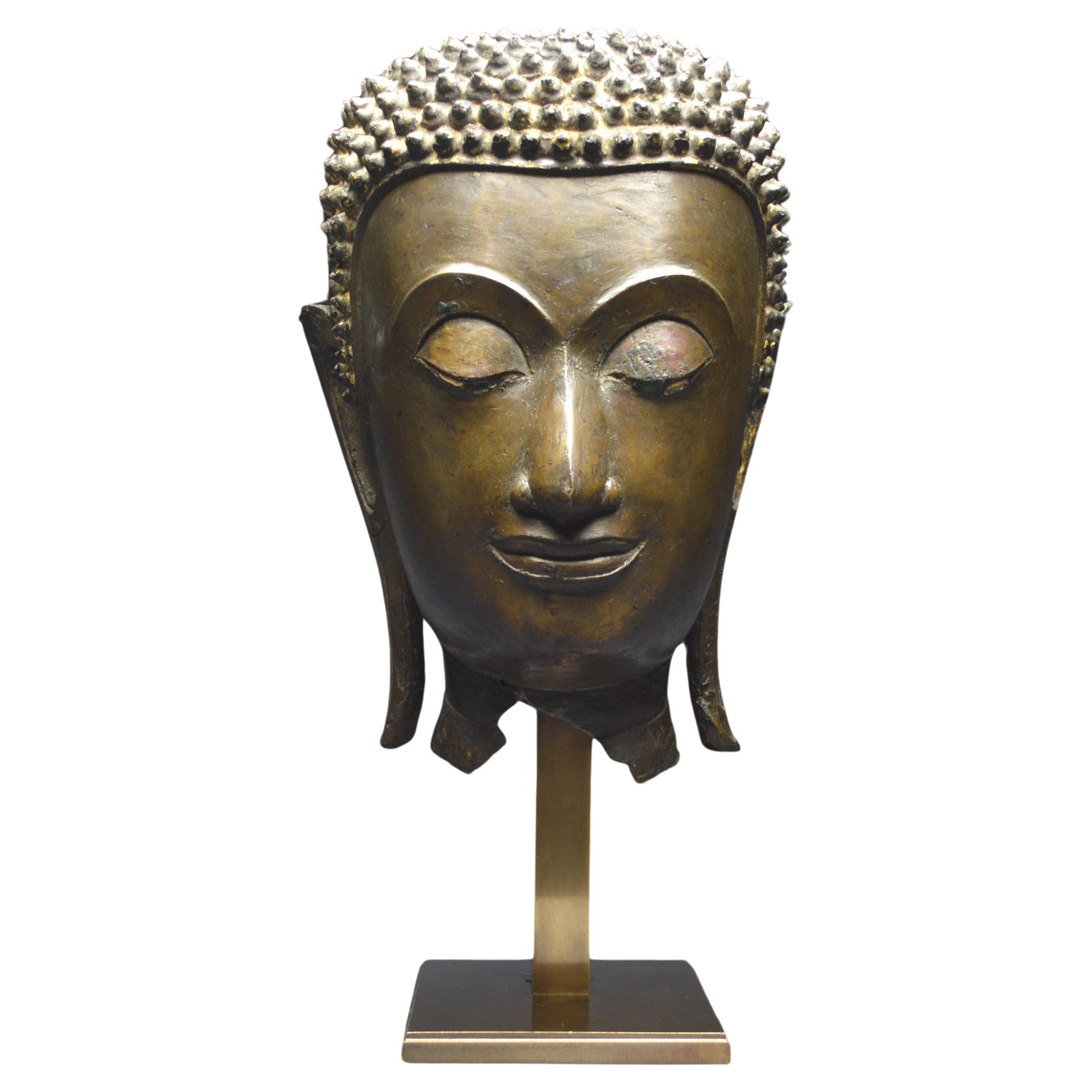 Thailand, Ayutthaya, 16th - 17th Century, Large bronze Buddha head, Brown patina For Sale