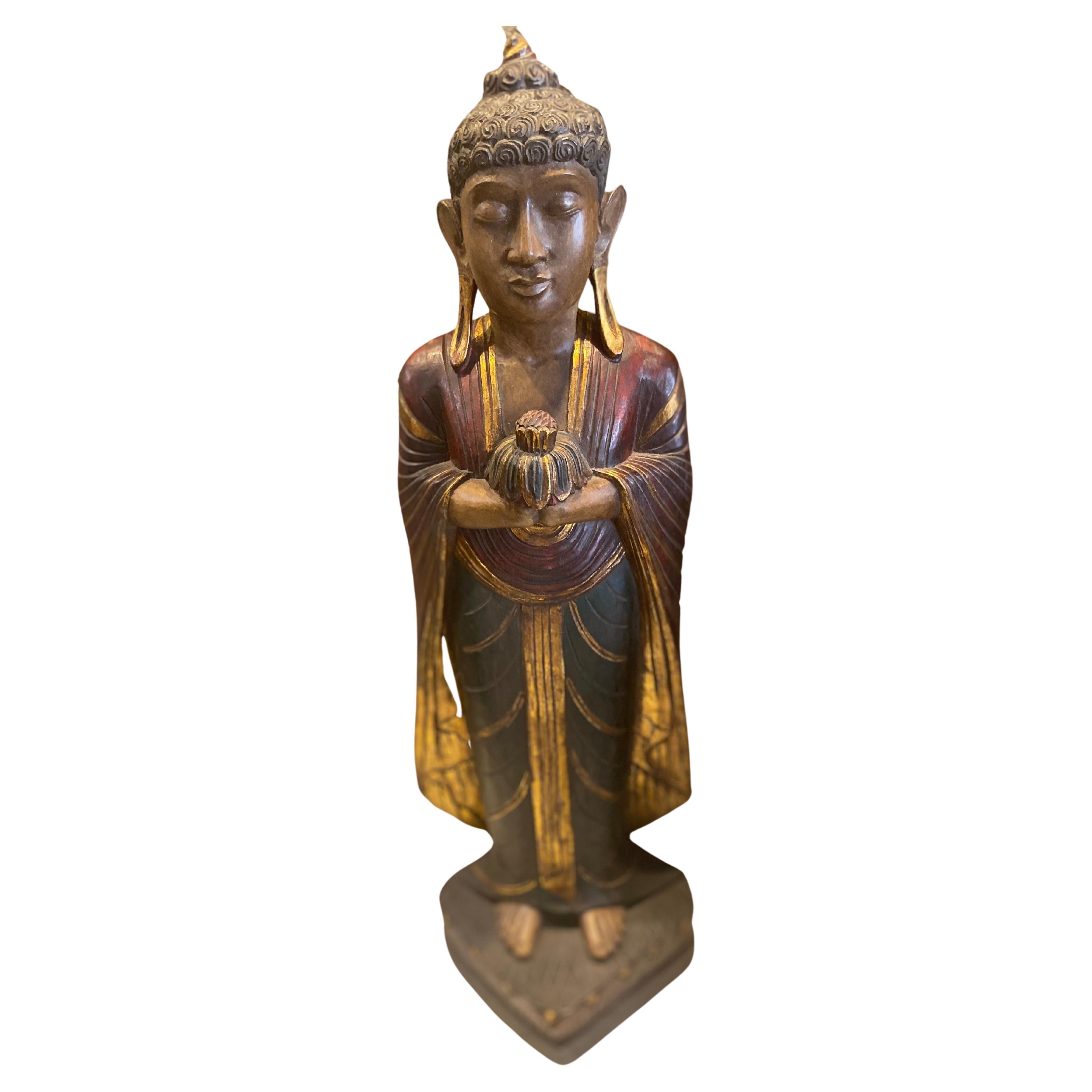 Thailand Standing Gautama Buddha Polychrome For Sale