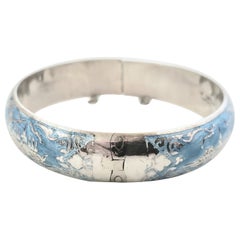 Thailand Sterling Silver Niello Blue Enamel Hinged Bangle Bracelet
