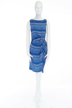 THAKOON 100% silk blue white geometric print draped waist sleeveless dress US2