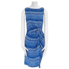 THAKOON 100% seta blu bianco stampa geometrica abito senza maniche drappeggiato in vita US2