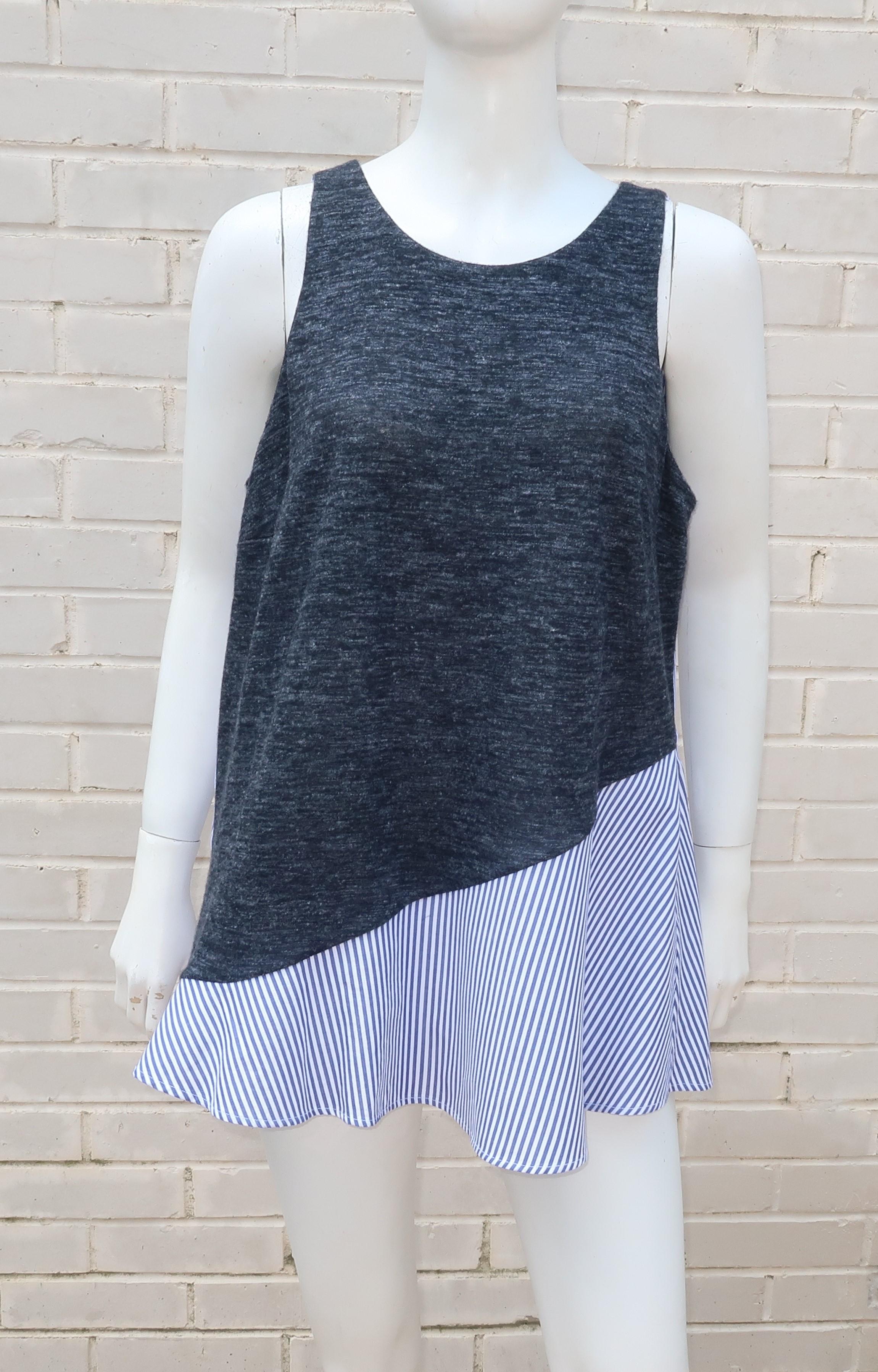 Comfortable, casual and clever ... this Thakoon Addition top has it all!  Thai-American designer, Thakoon Panichgul, has created a fun top that mixes a traditional blue and white cotton fabric with a charcoal gray knit for an innovative design that