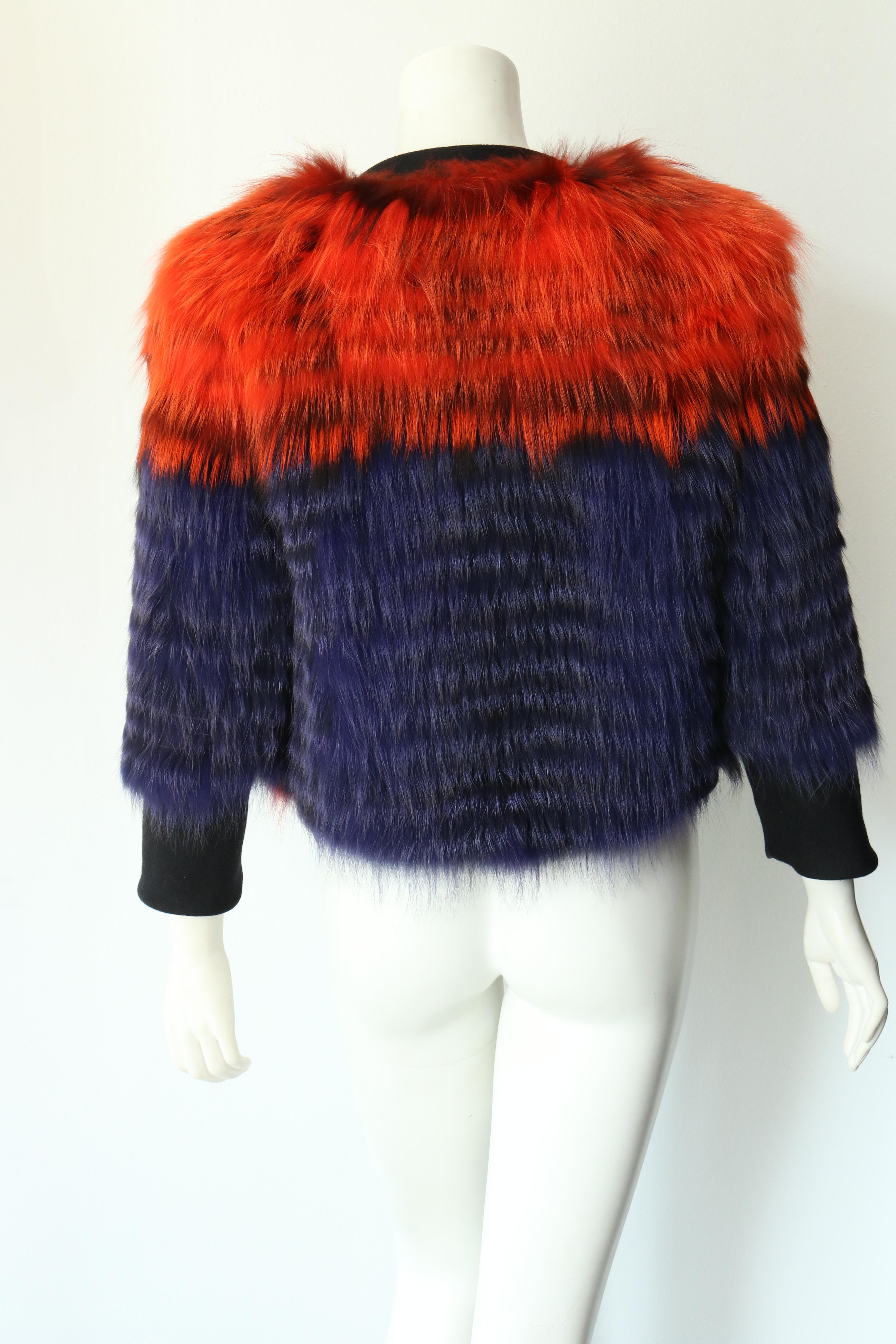 Brown Thakoon Purple and Orange Collarless Fox Fur Jacket  For Sale