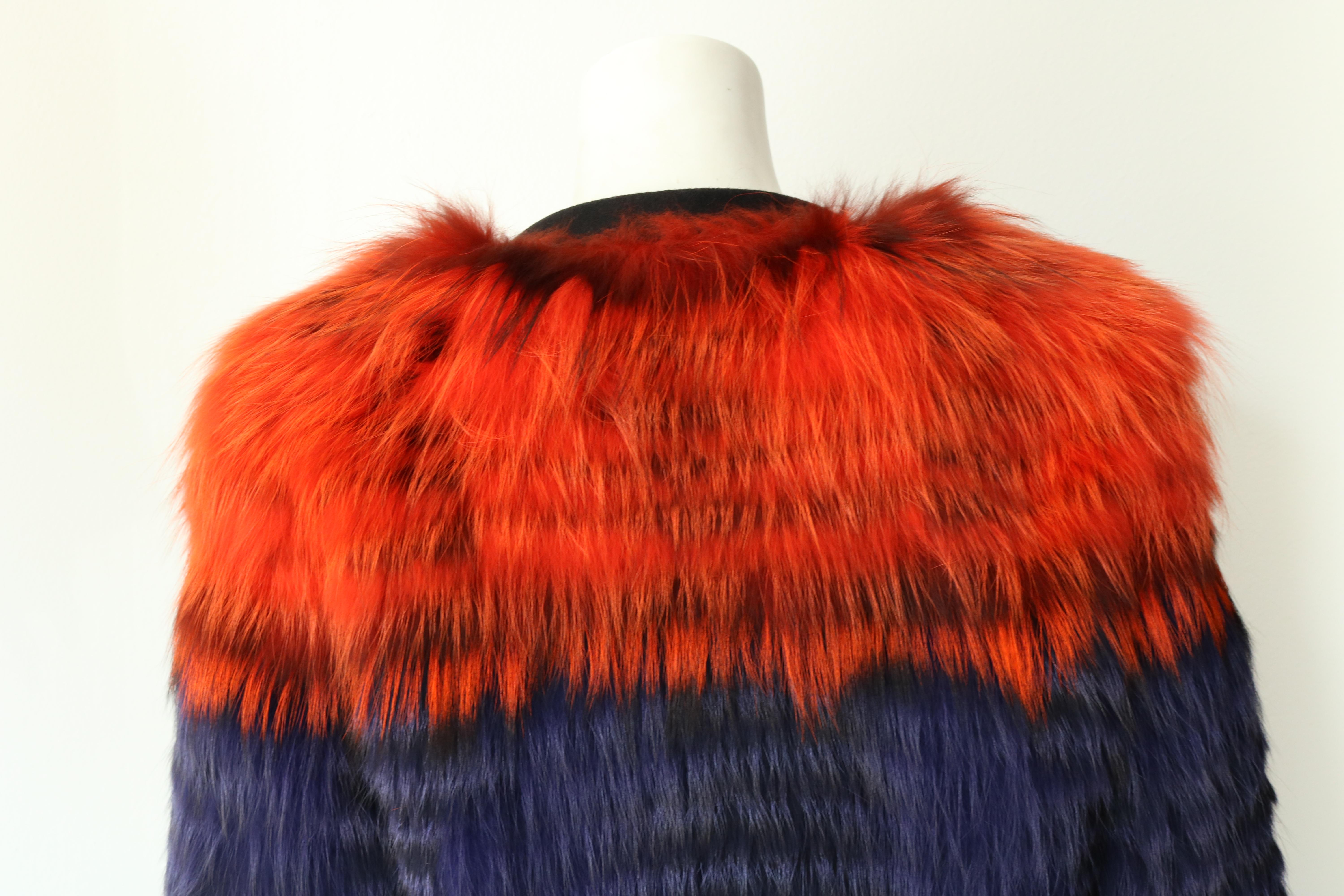 Thakoon Purple and Orange Collarless Fox Fur Jacket  In New Condition For Sale In Thousand Oaks, CA