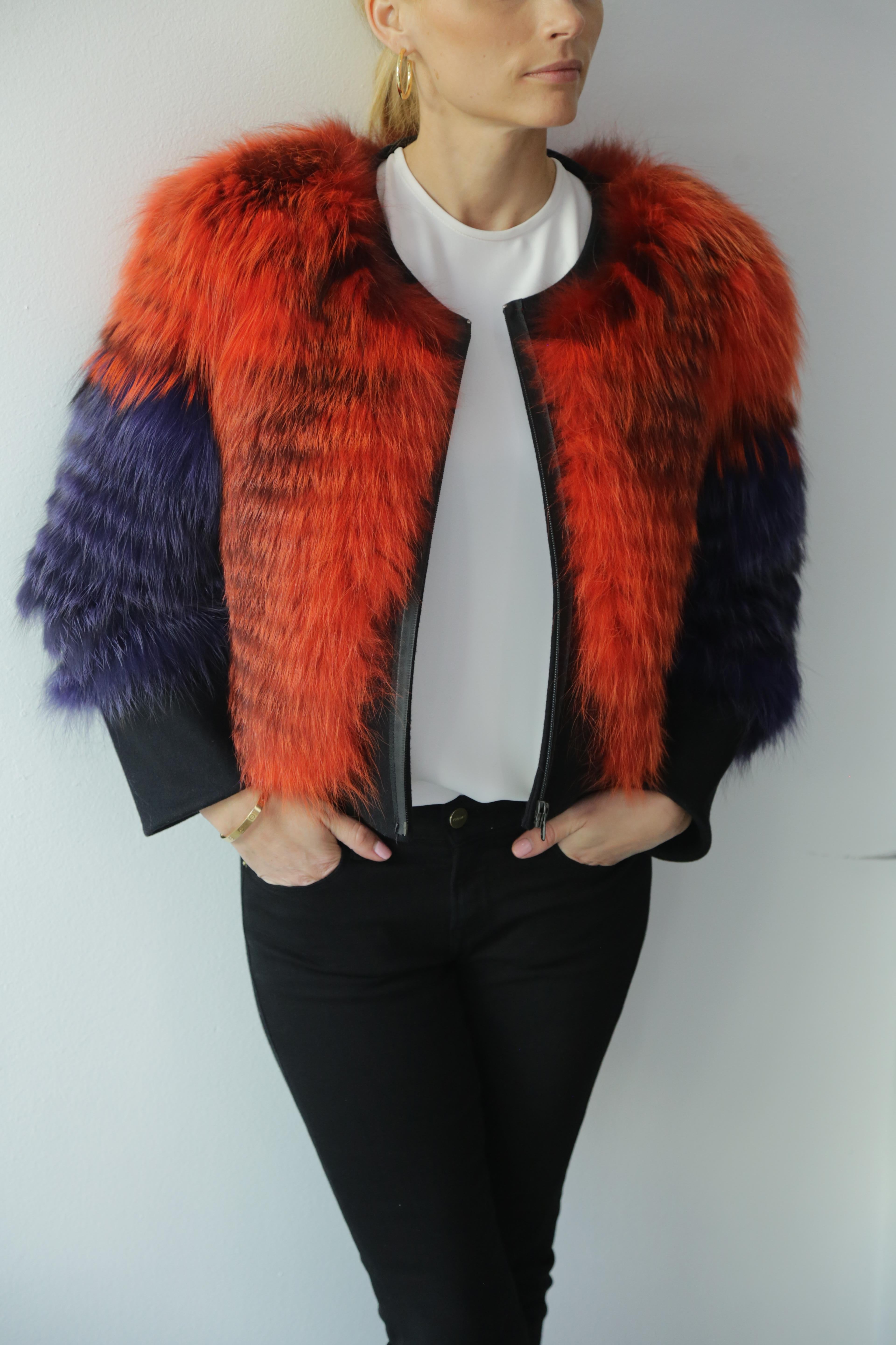 Thakoon Purple and Orange Collarless Fox Fur Jacket 
This jacket as a showstopper. 
Dyed Fox Jacket, 