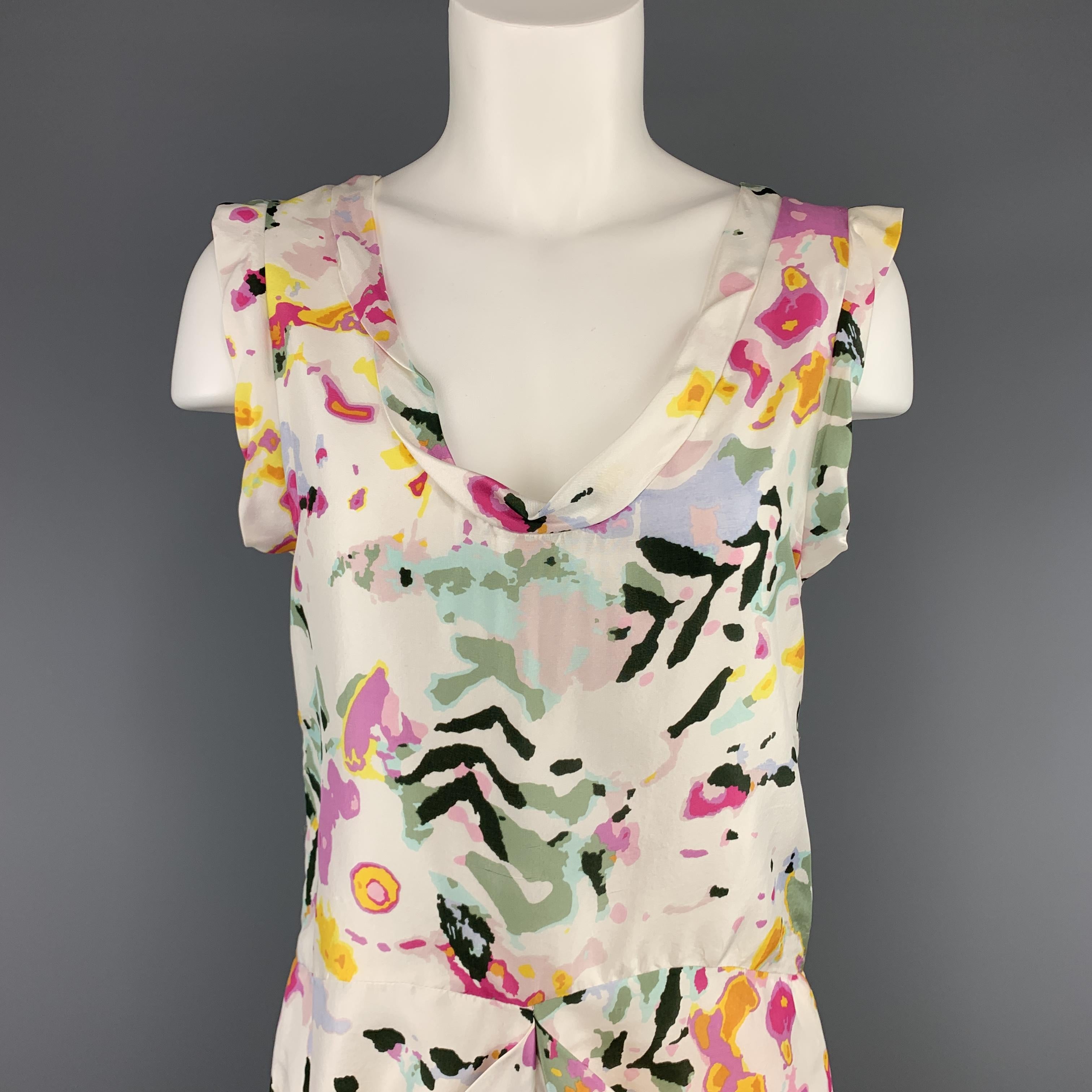 THAKOON shift dress comes in white silk satin with multi color floral print, scoop ruffle accent trim neckline, and draped mock pocket front. Made in USA.
 
Excellent Pre-Owned Condition.
Marked: 4
 
Measurements:
 
Shoulder: 16 in.
Bust: 34
