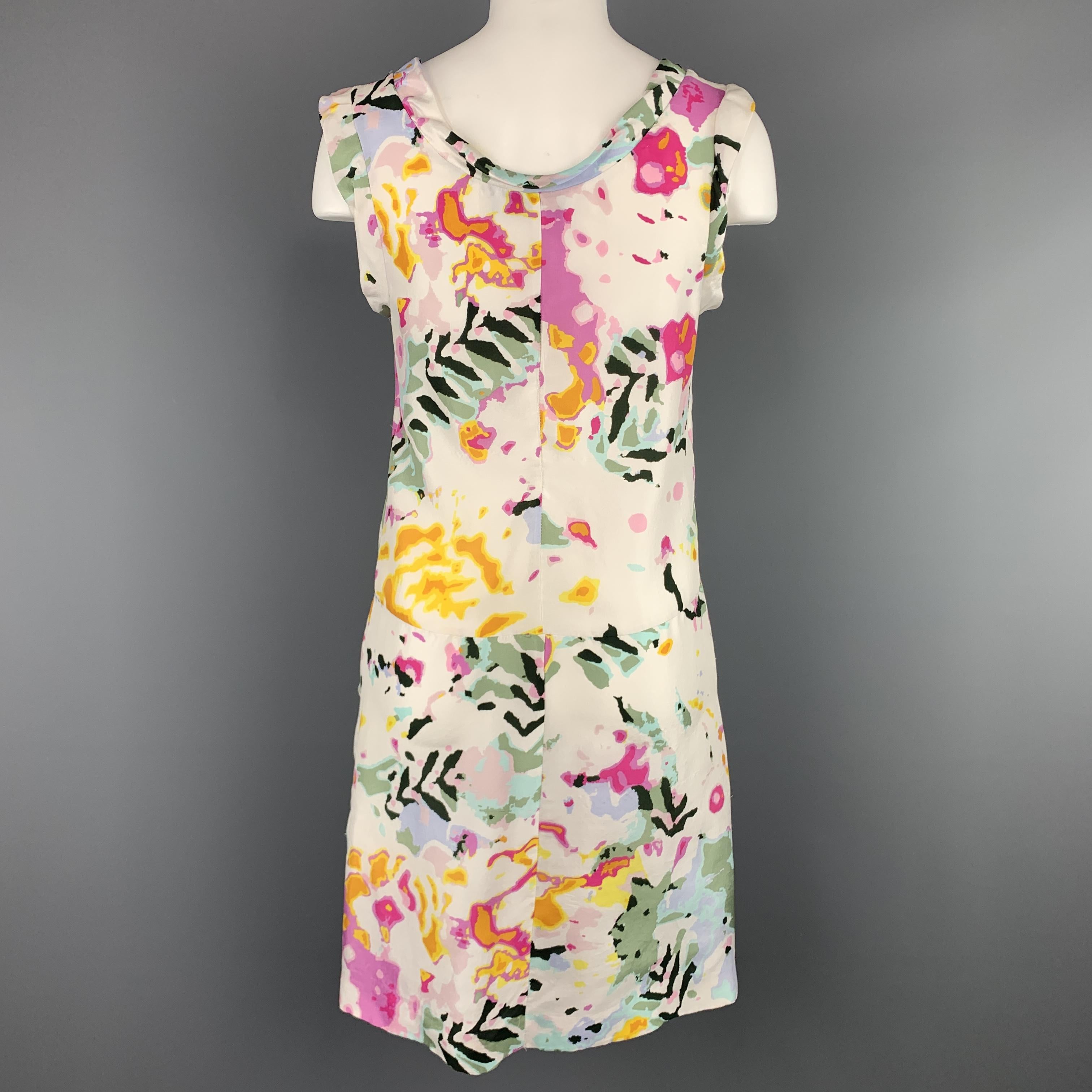 THAKOON Size 4 White Floral Print Silk Sleeveless Dress 1