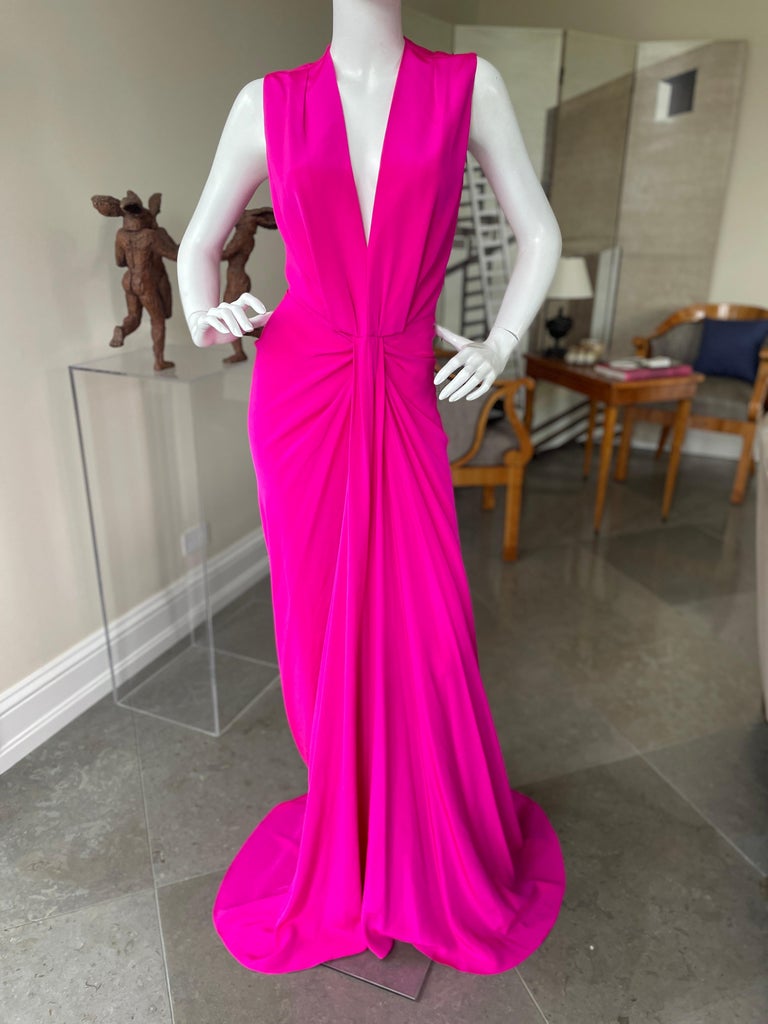 Thakoon Vintage Plunging Hot Pink Silk Evening Dress  For Sale 2
