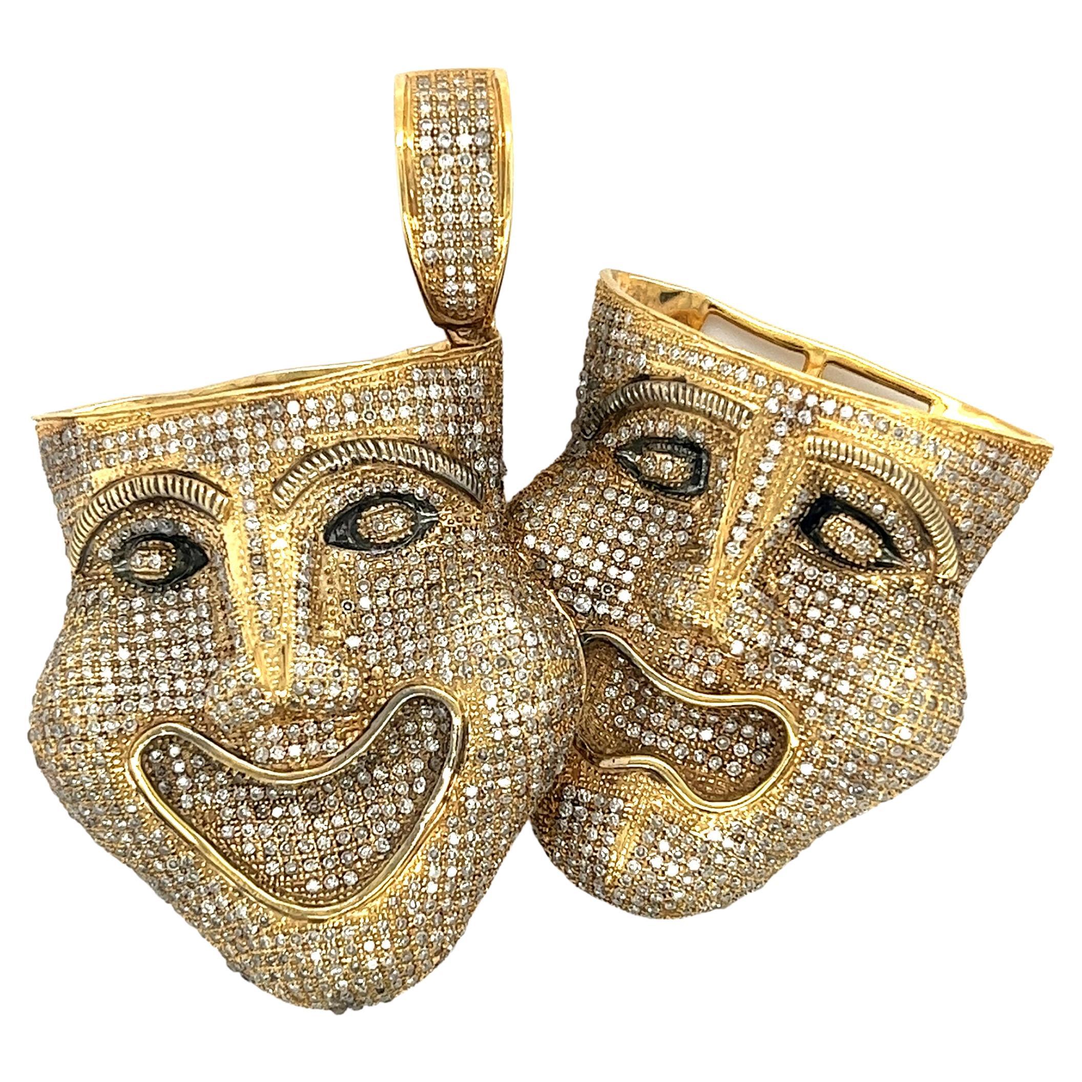 Thalia and Melpomene 10K Gold Theatre Face Diamond Pendant For Sale