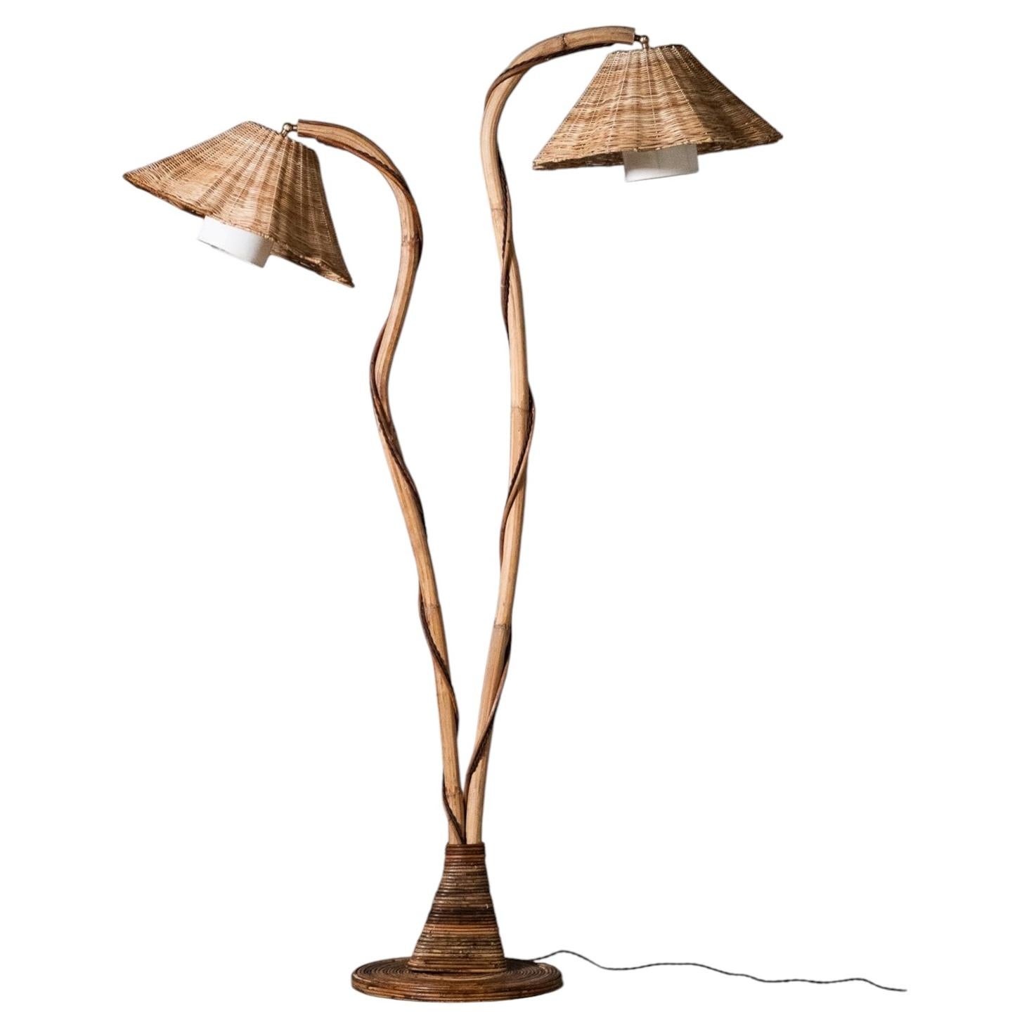 Thalia Rattan Floor Lamp - Double Head Handcrafted Woven Rattan Standing Lamp For Sale