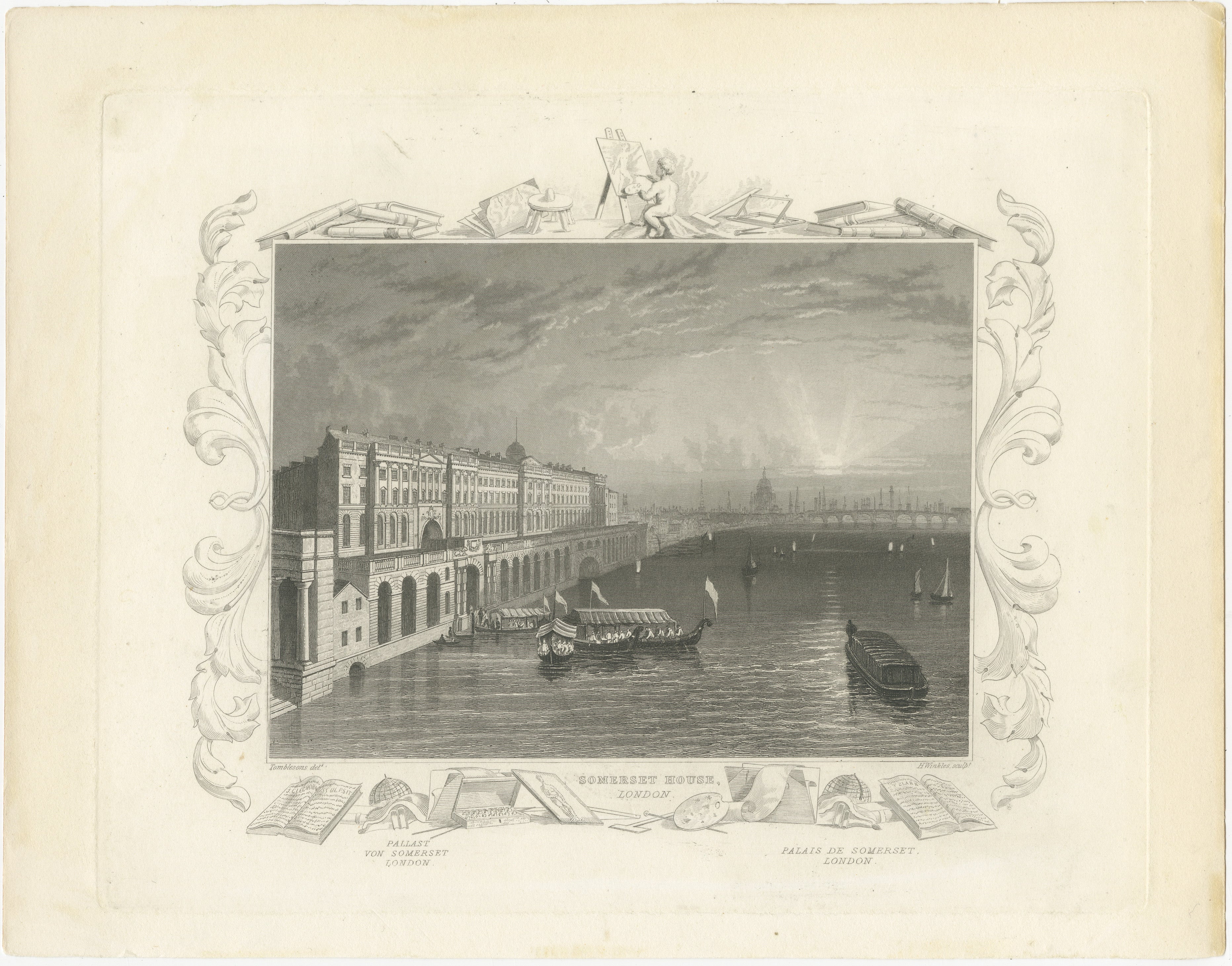 L'image  est une gravure originale sur acier de The Somerset House, un grand bâtiment néoclassique situé sur le côté sud du Strand, dans le centre de Londres. La gravure a été dessinée par Tombleson et gravée par H. Winkles, ce qui indique qu'il