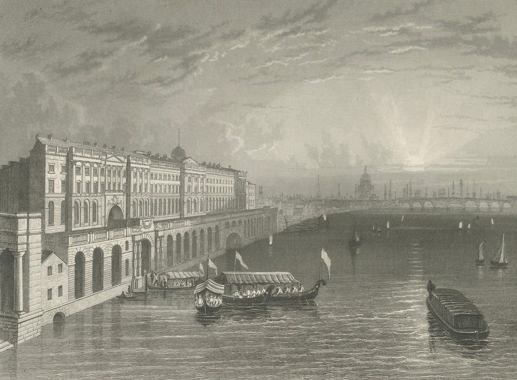 Engraved Thames Embankment and the Grandeur of Somerset House: A Steel Engraving, 1835 For Sale