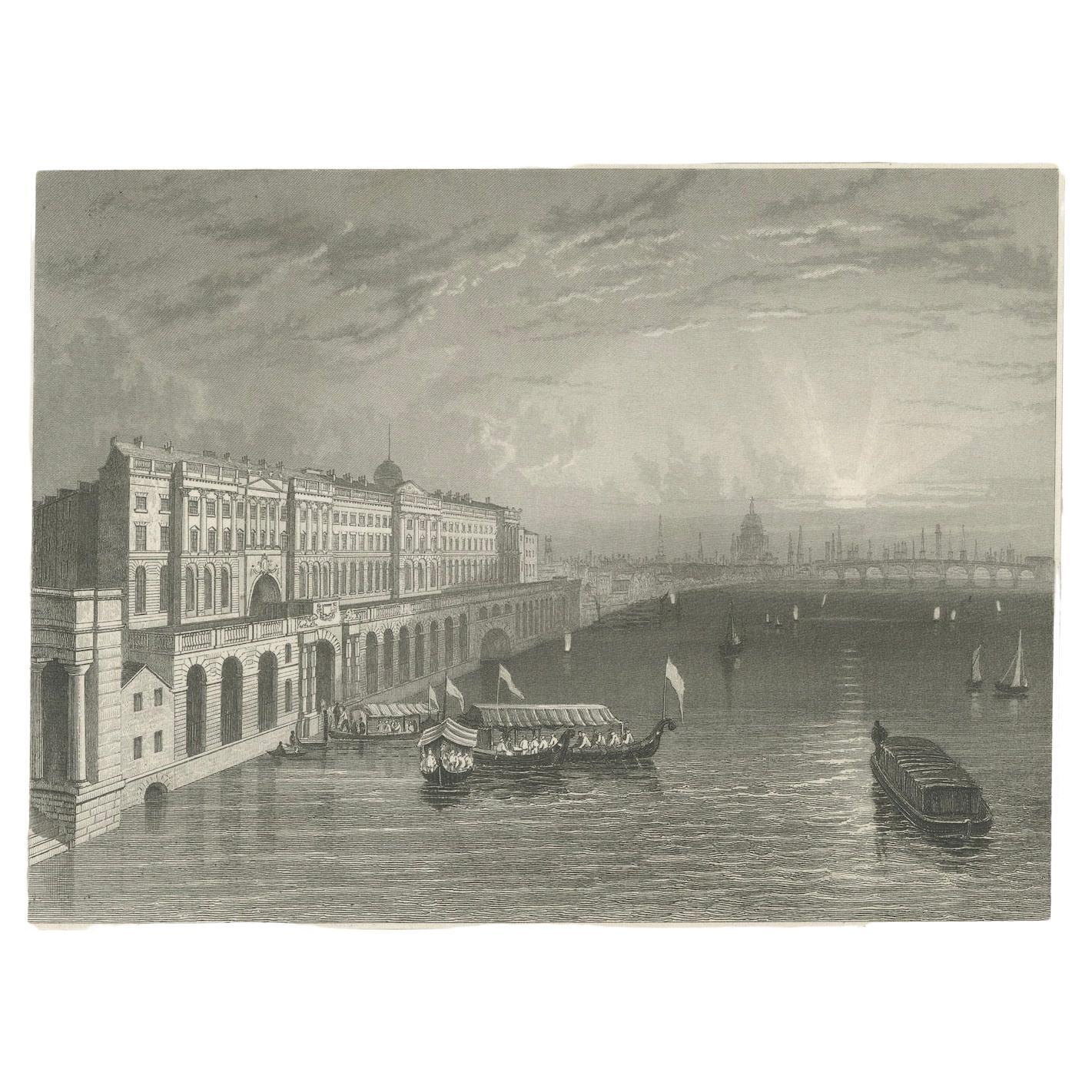 L'embankment de la Tamise et la Grandeur de Somerset House : une gravure en acier, 1835 Bon état - En vente à Langweer, NL
