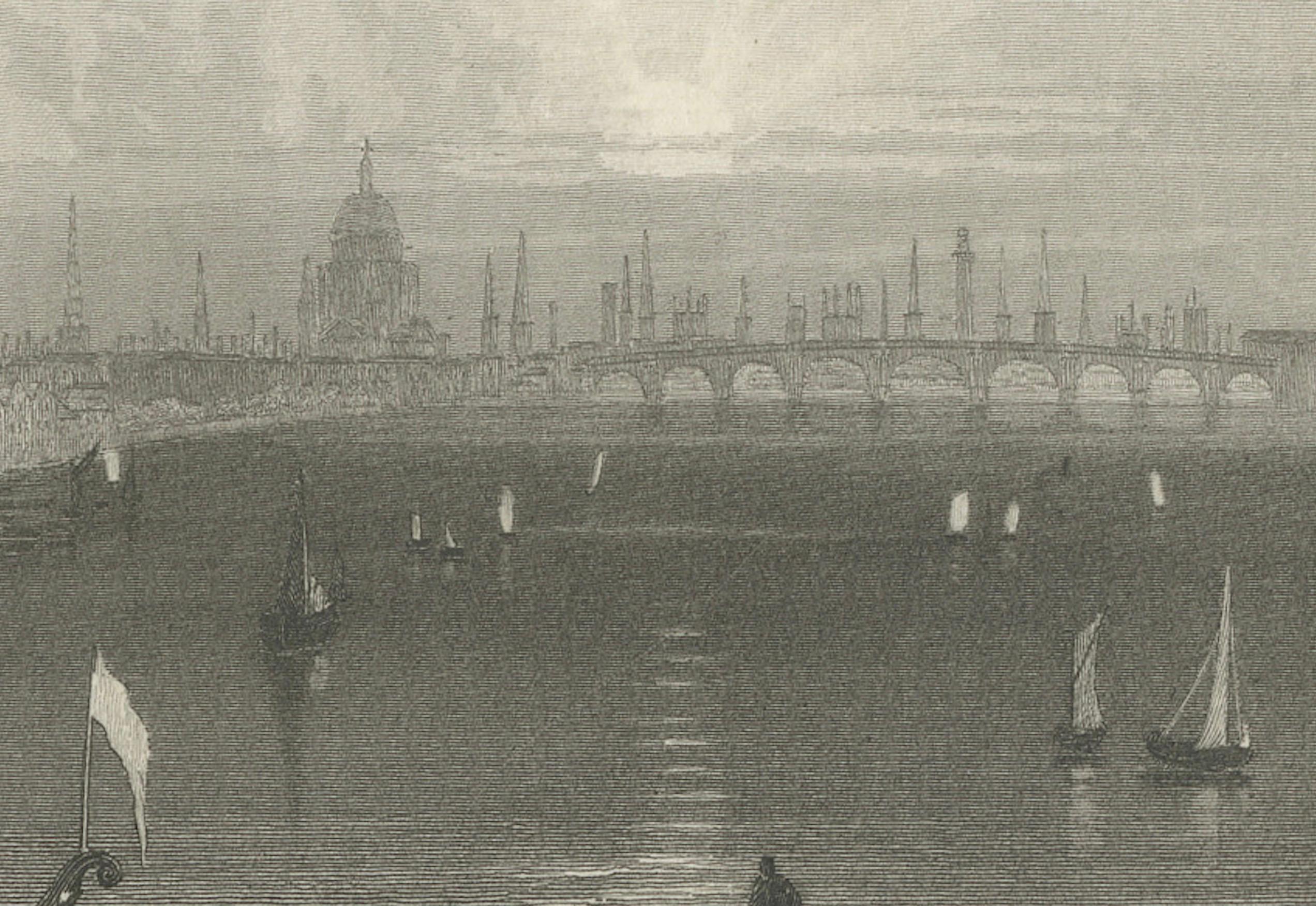 Thames Embankment and the Grandeur of Somerset House: A Steel Engraving, 1835 For Sale 1