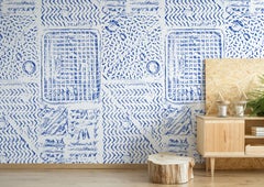 Thames, Printed London Manhole Wallpaper, Blue on White