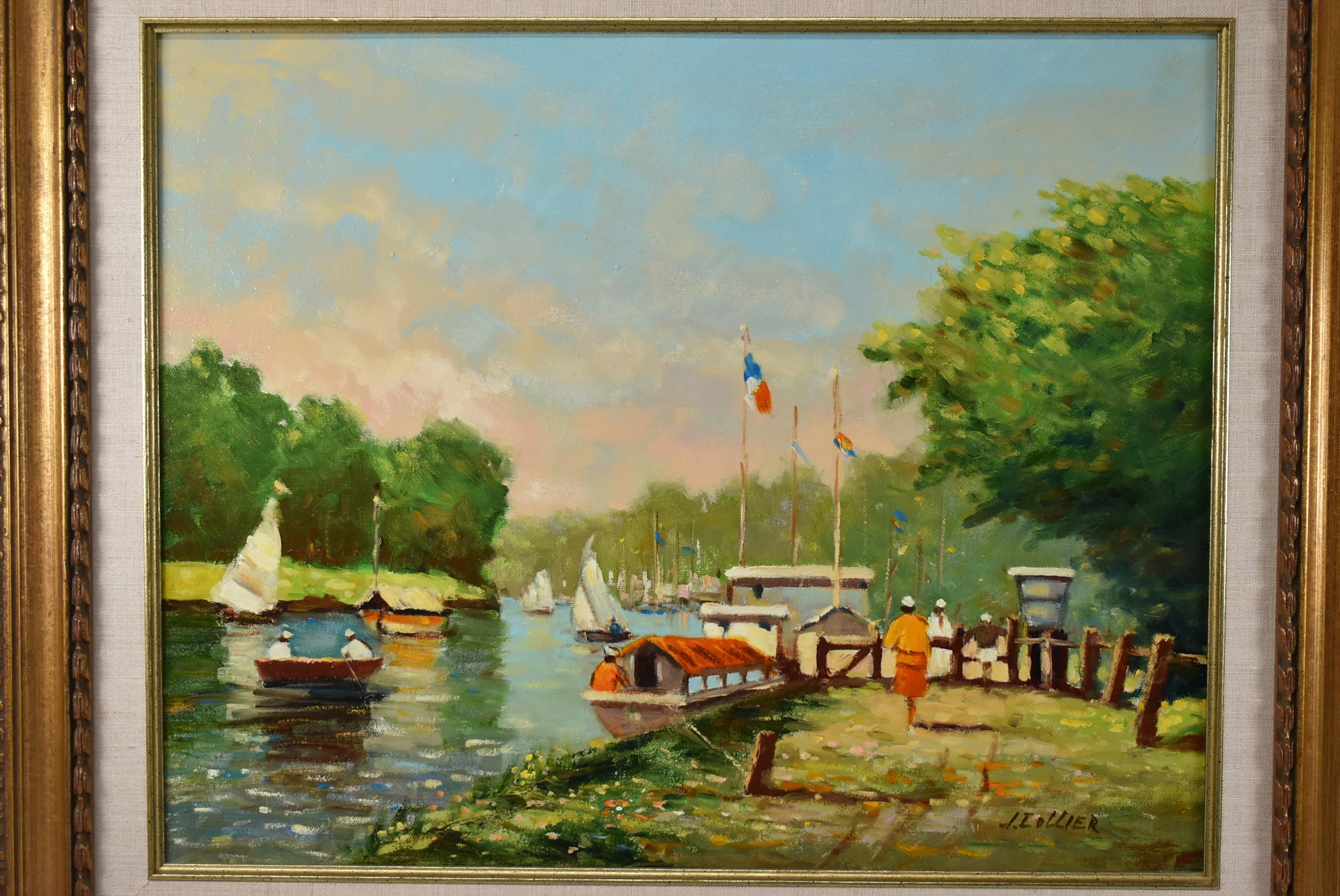 Summertime Thames river court oil painting on canvas by J. Collier. Vibrant scene with sailboats. Very nice condition. Image size measures 19.44
