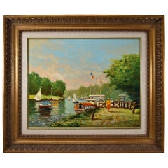 Vintage Thames River Scene Original Oil Painting J. Collier