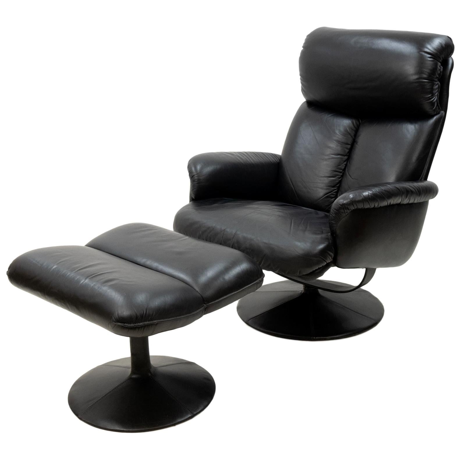 Thams Black Leather Lounge Chair and Ottoman, 1970s