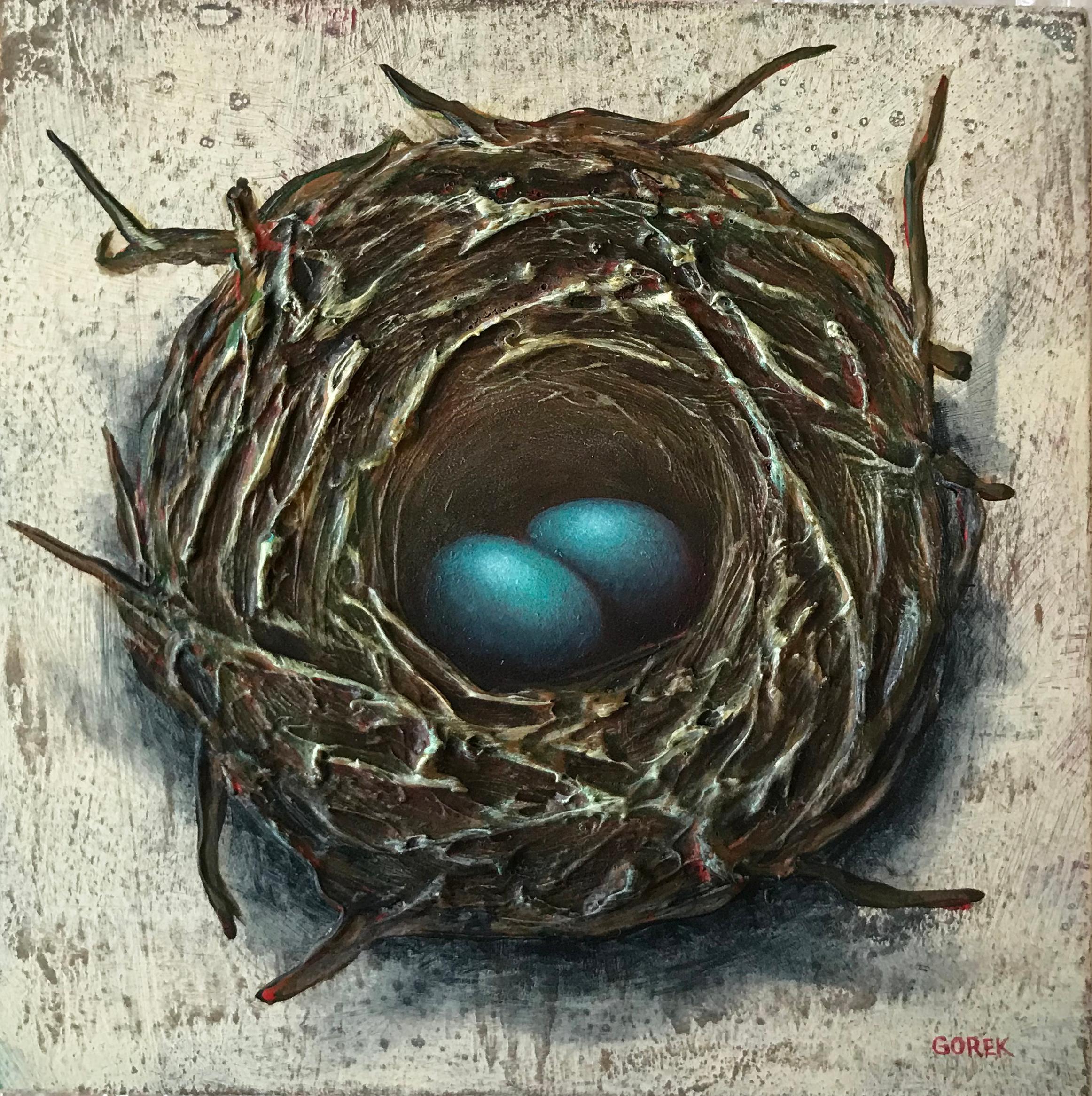 "Nido de pájaro, 2 huevos" de Thane Gorek, Pintura original en técnica mixta